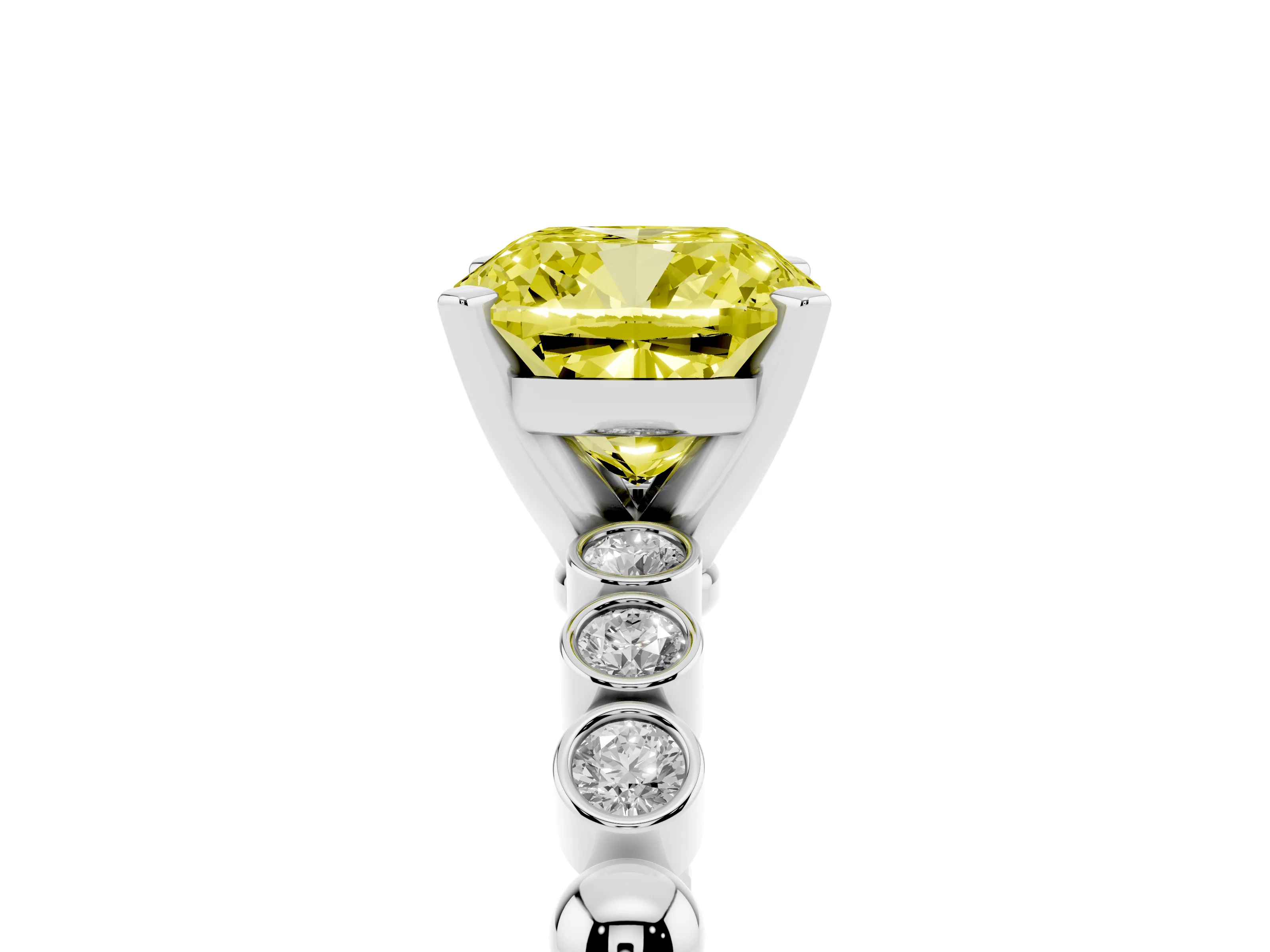 Fancy Yellow Cushion Cut Diamond Solitaire Engagement Ring Set in Silver with Bezel Accents on Beaded Band