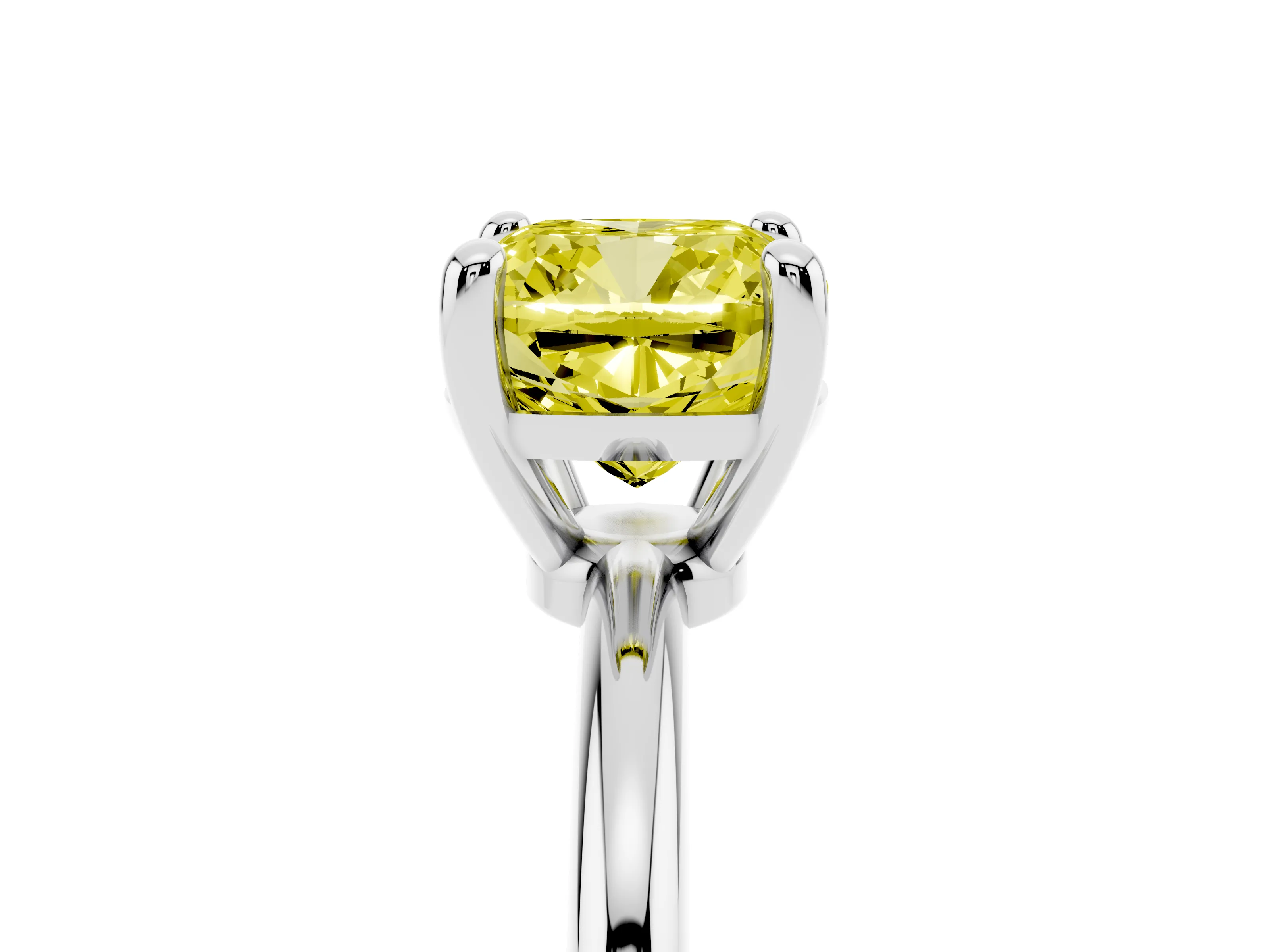 Fancy Yellow Cushion Cut Diamond Solitaire Ring Set in Platinum with Secure Prong Setting on a Classic Band