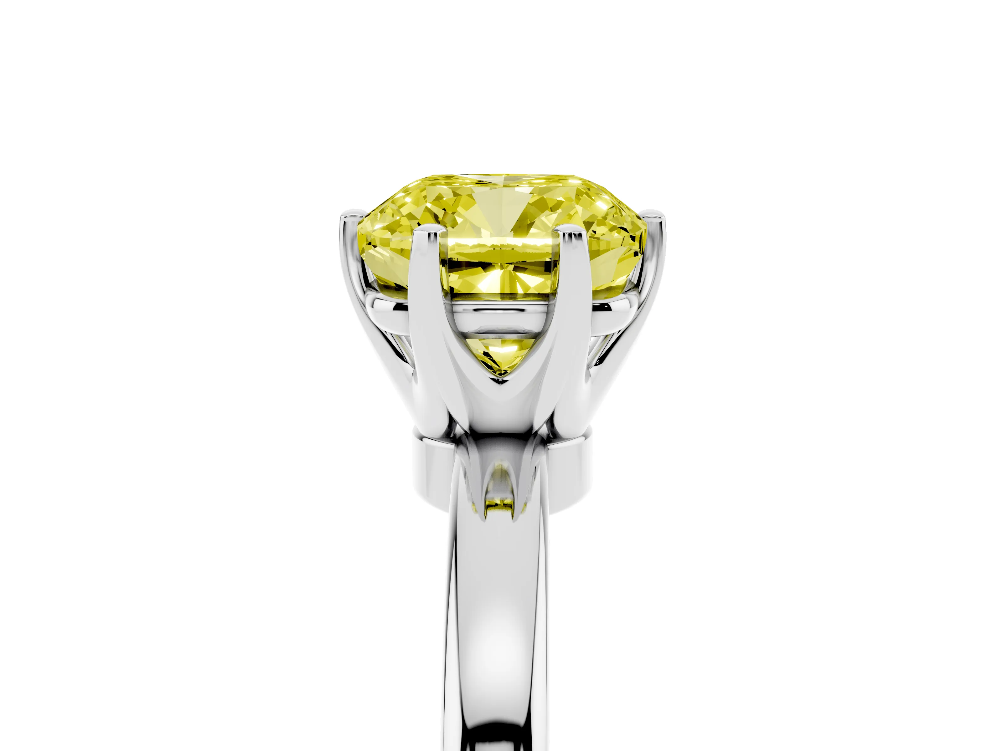 Fancy Yellow Cushion Cut Diamond Solitaire Ring Set in Platinum with Raised Prong Setting on a Classic Band