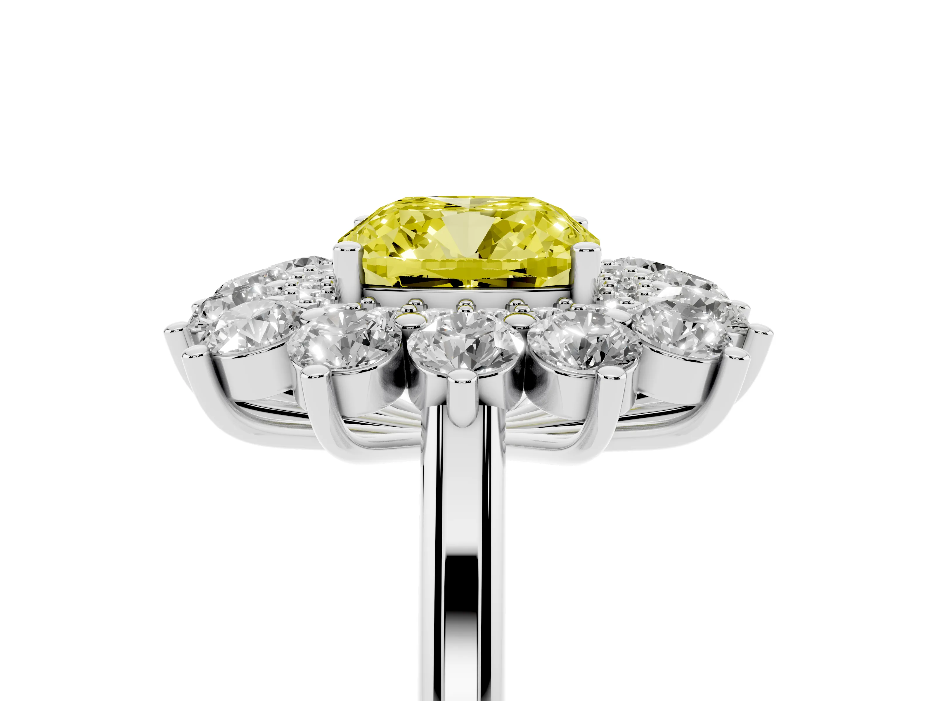 Fancy Yellow Cushion Cut Diamond Floral Double Halo Ring Set in Silver with Round Petals