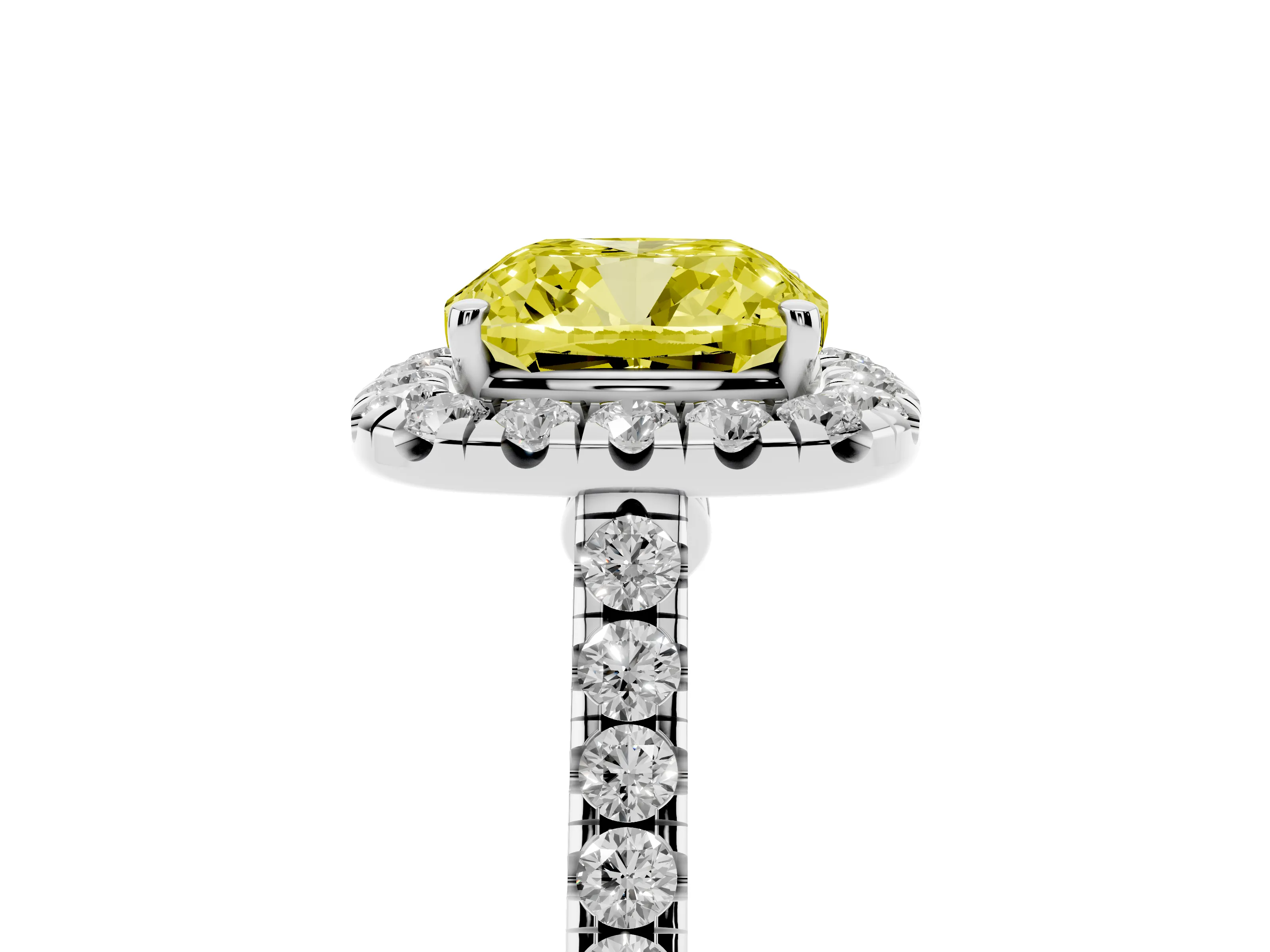 Fancy Yellow Cushion Cut Diamond Halo Pavé Engagement Ring Set in White gold with Prong Setting