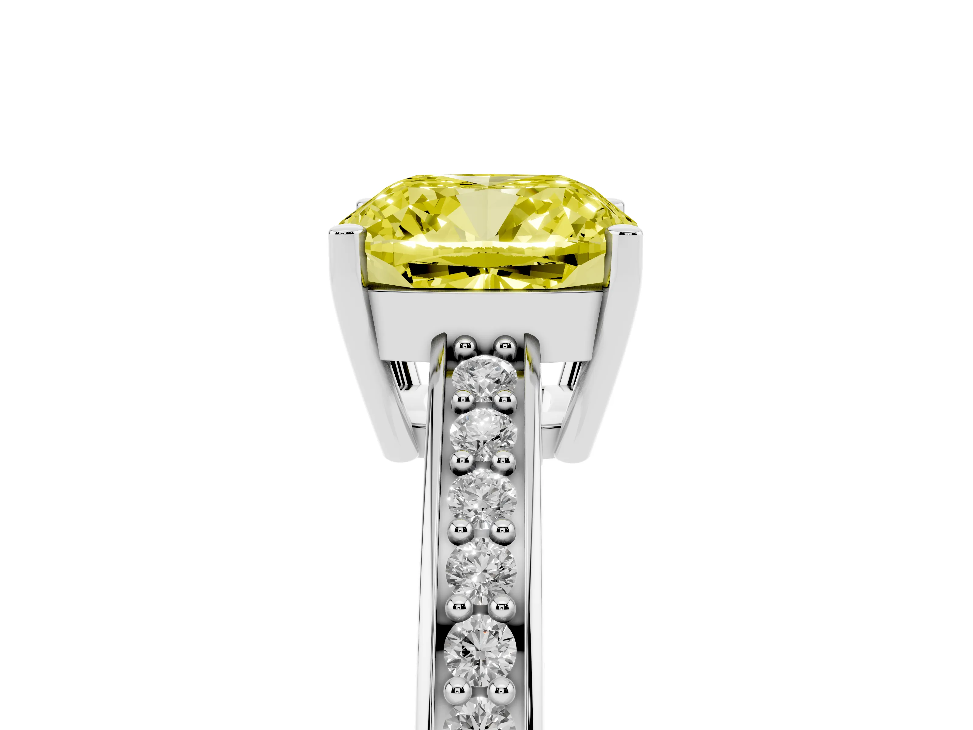 Fancy Yellow Cushion Cut Diamond Pavé Band Prong Set Solitaire Ring Set in Silver