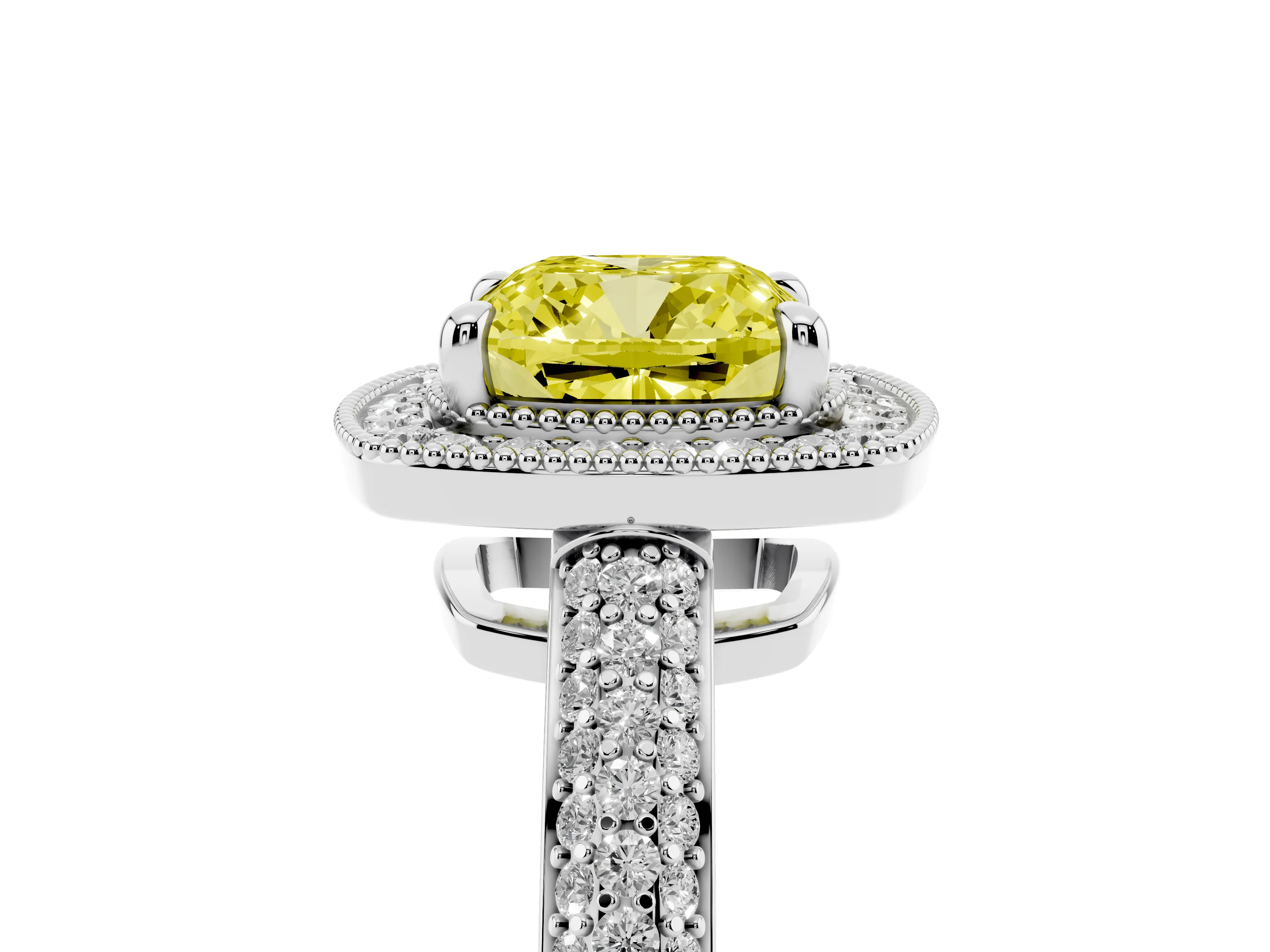Fancy Yellow Cushion Cut Diamond Halo Pavé Band Set in Platinum with Prong Setting