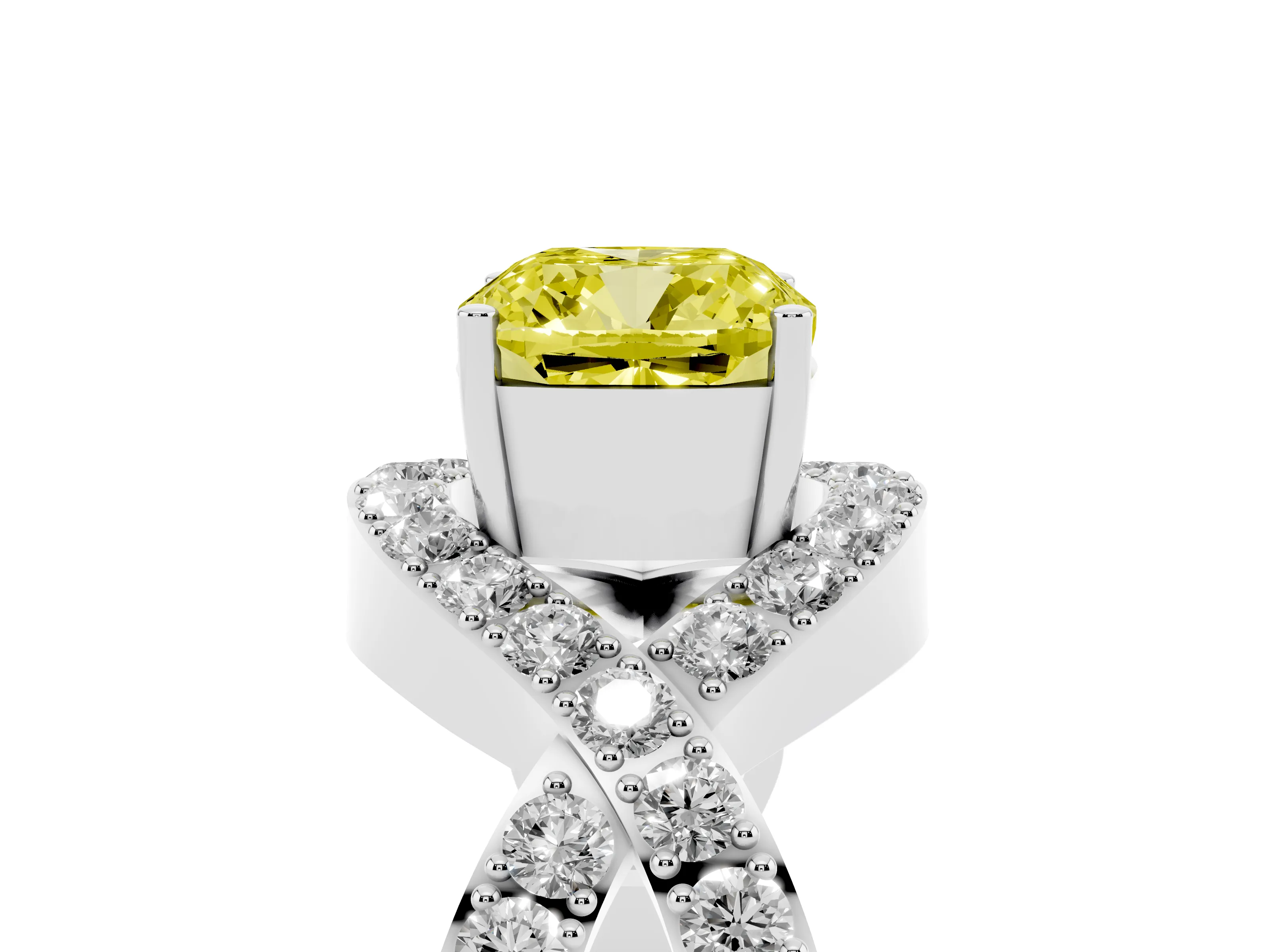 Fancy Yellow Cushion Cut Diamond Solitaire Twist Band Pavé Engagement Ring Set in White gold