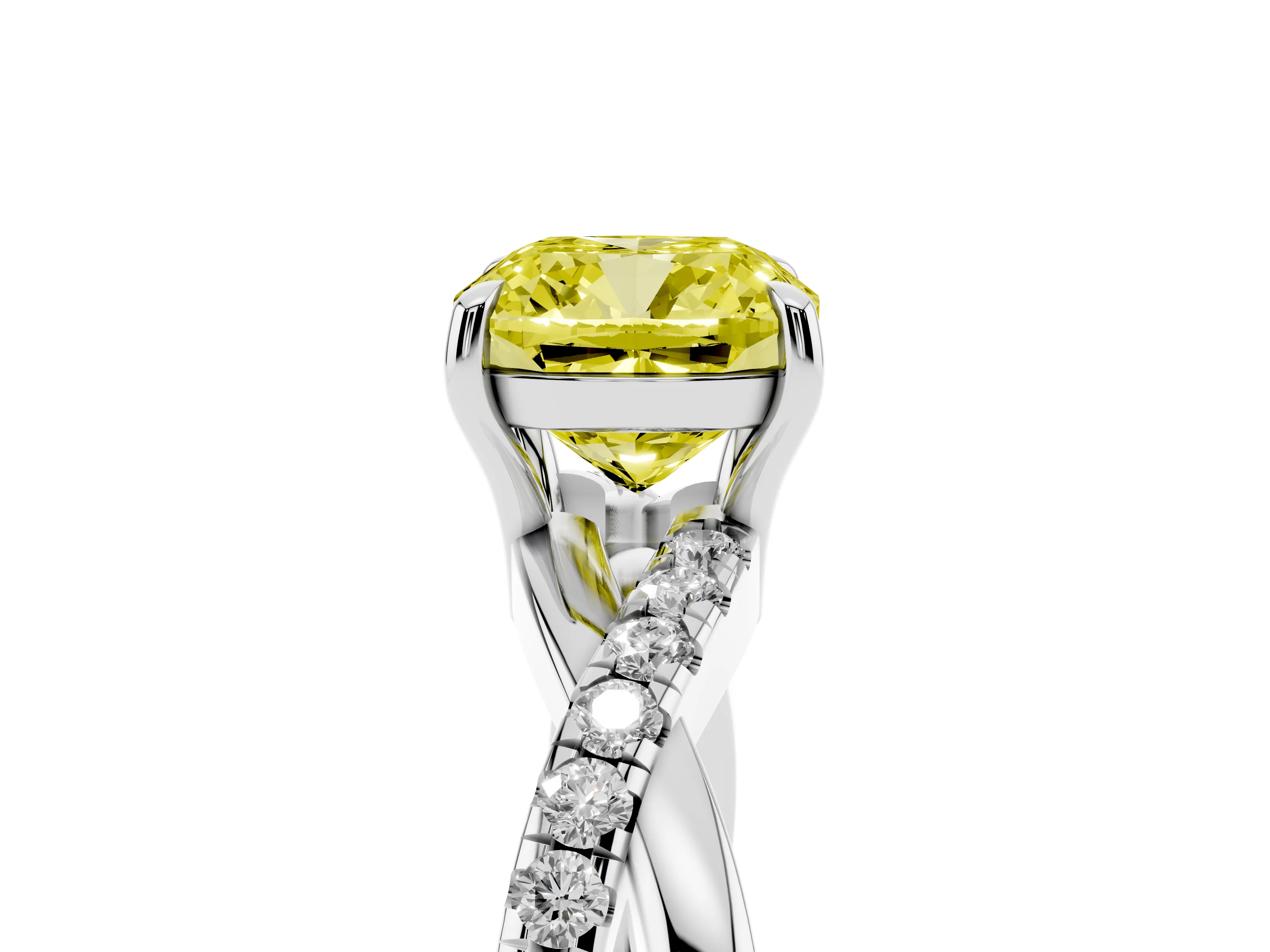 Fancy Yellow Cushion Cut Diamond Twisted Pavé Band Ring Set in Platinum with Prong Setting