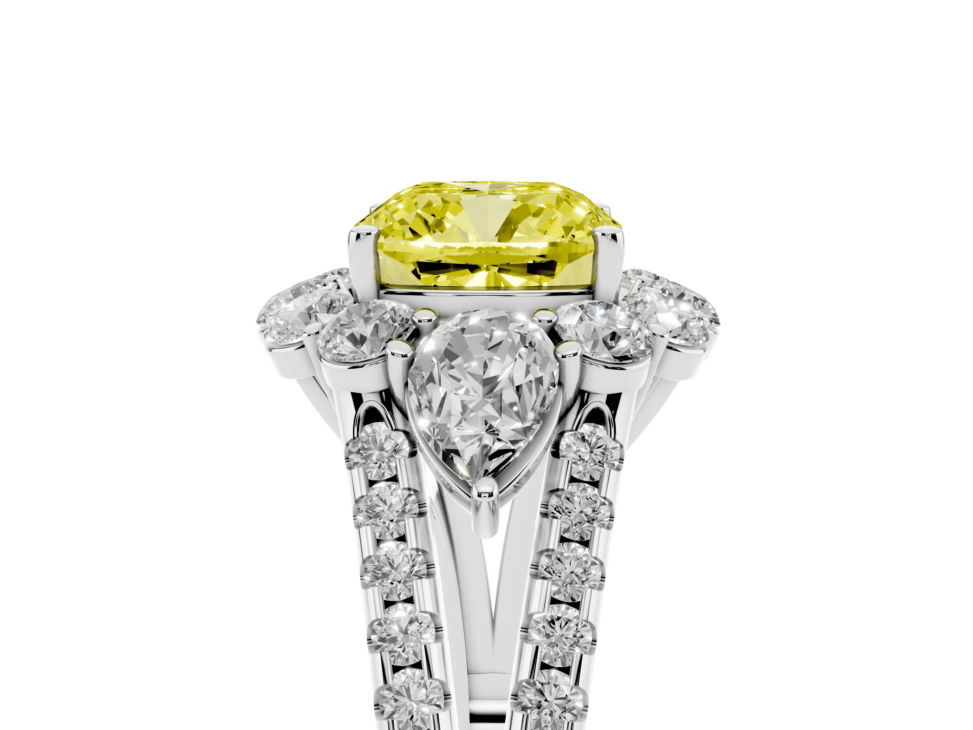 Fancy Yellow Cushion Cut Diamond Halo Split Shank Engagement Ring Set in White gold with Prong-Held Center Stone