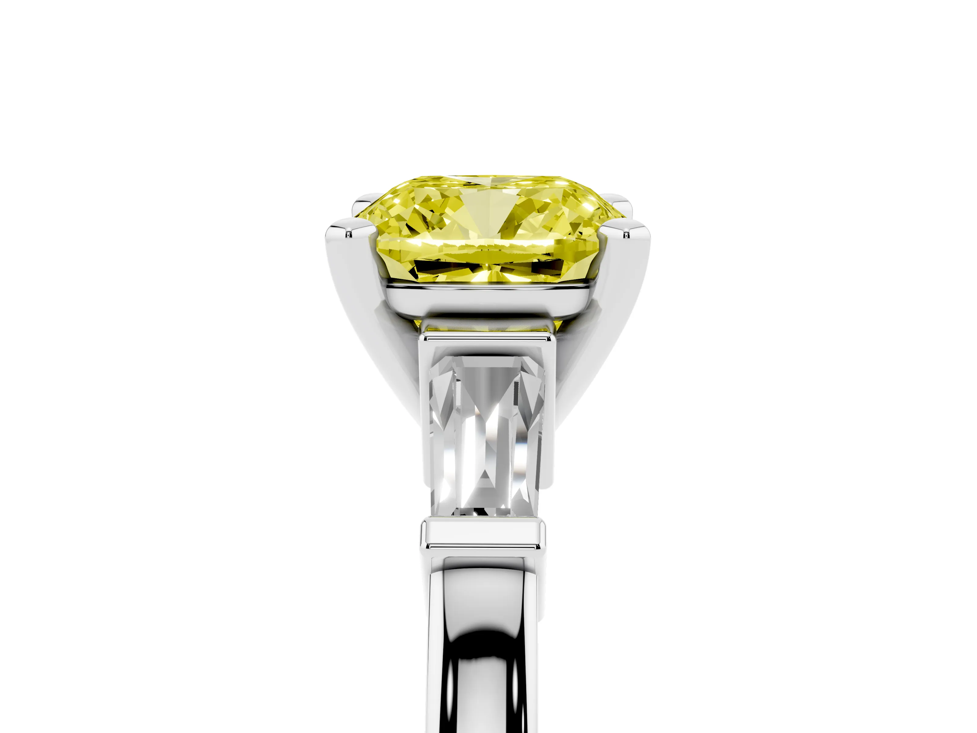Fancy Yellow Cushion Cut Diamond Solitaire Ring Set in Platinum with Tapered Baguette Accents and Prong Setting