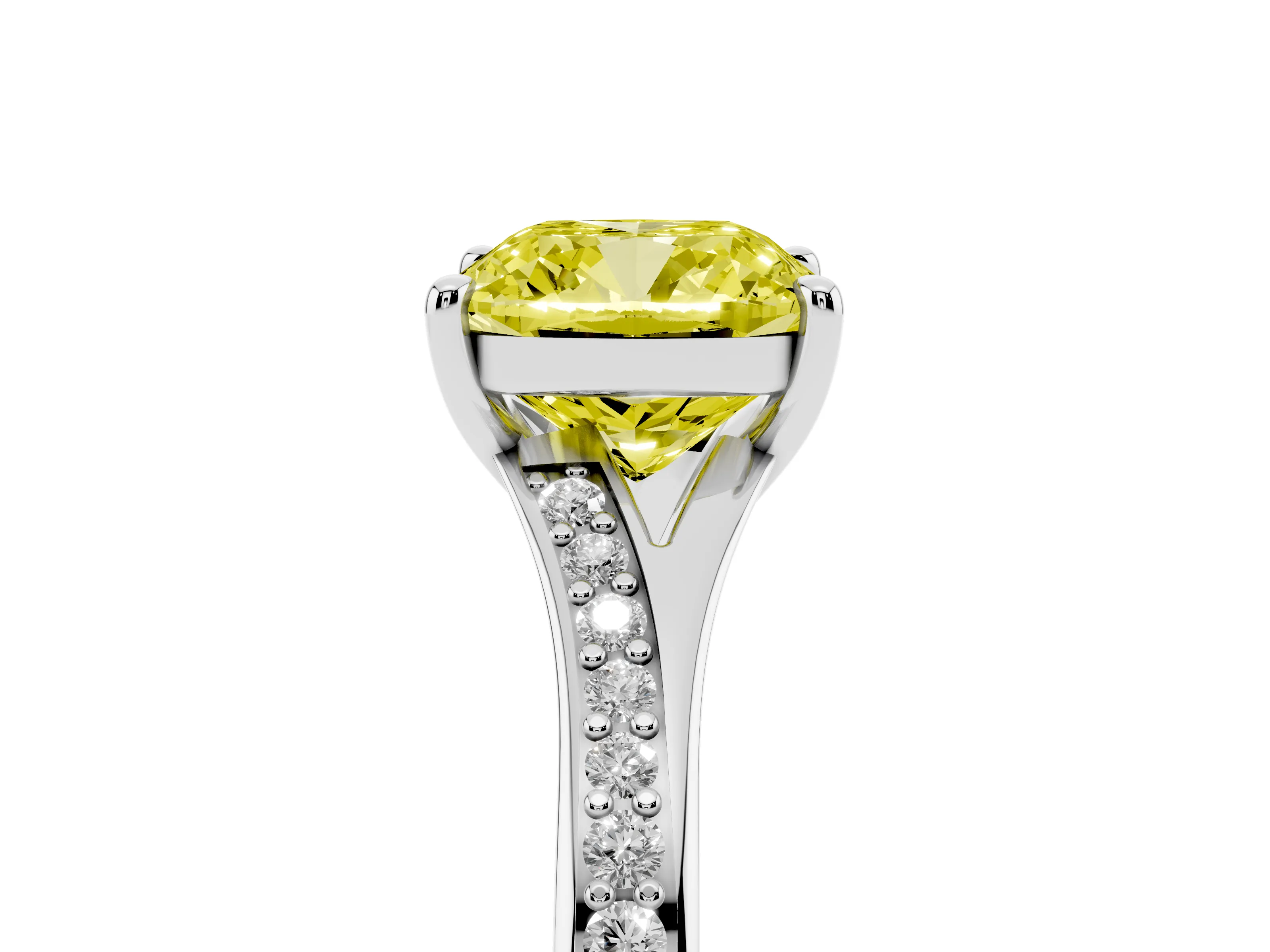 Fancy Yellow Cushion Cut Diamond Solitaire Ring Set in Platinum with Pavé Accent Band and Classic Prong Setting