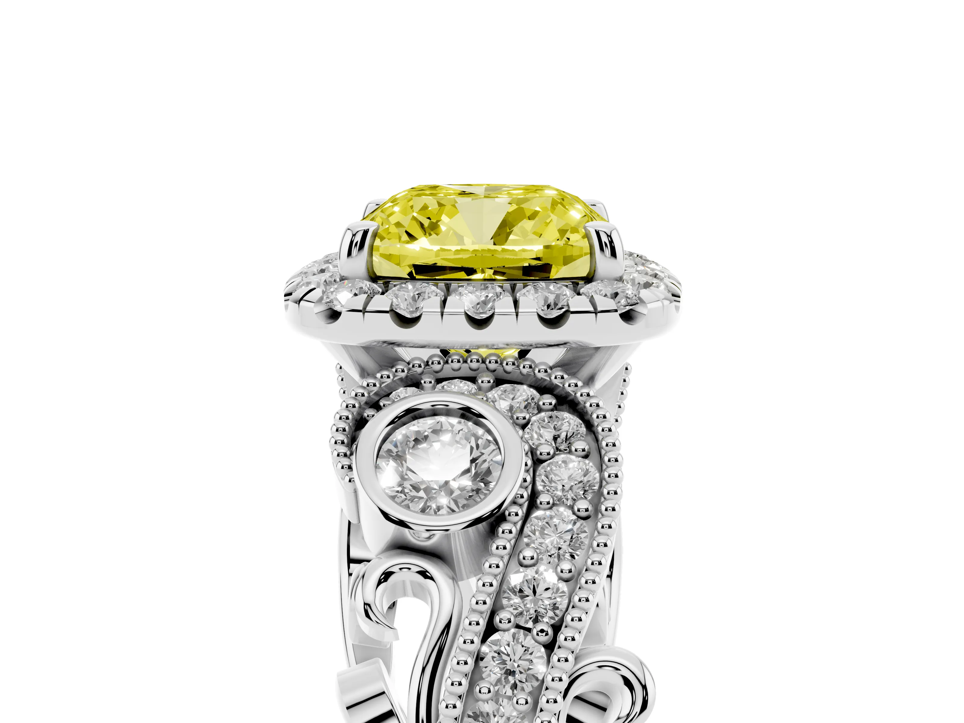 Fancy Yellow Cushion Cut Diamond Halo Ring Set in Platinum with Milgrain Pavé Band and Prong Setting