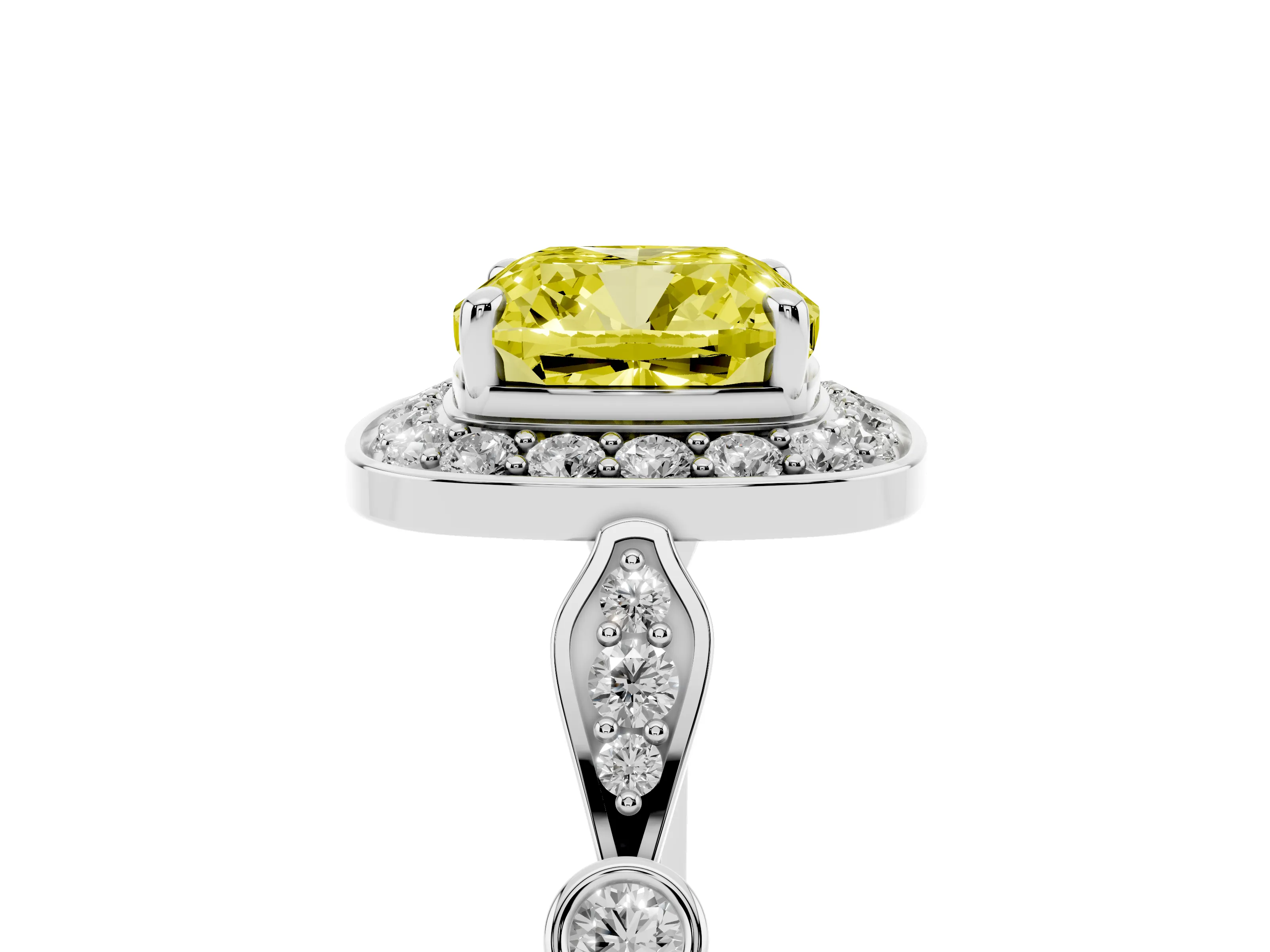 Fancy Yellow Cushion Cut Diamond Halo Engagement Ring Set in White gold with Twisted Band and Prong Setting