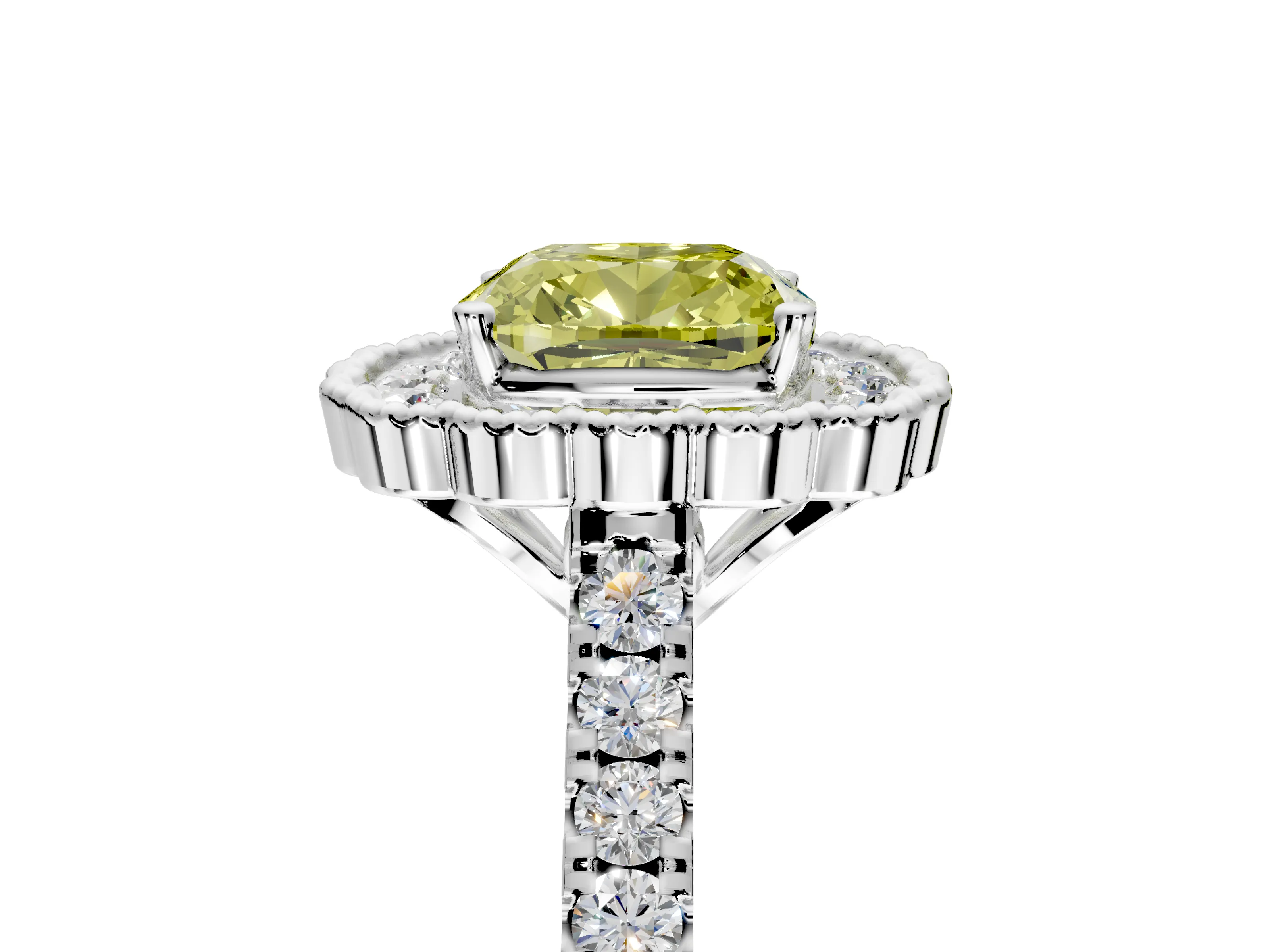 Milgrain Floral Halo Engagement Ring Setting for Fancy Yellow Cushion Cut Center with Pave Band and Prong Head in White Gold