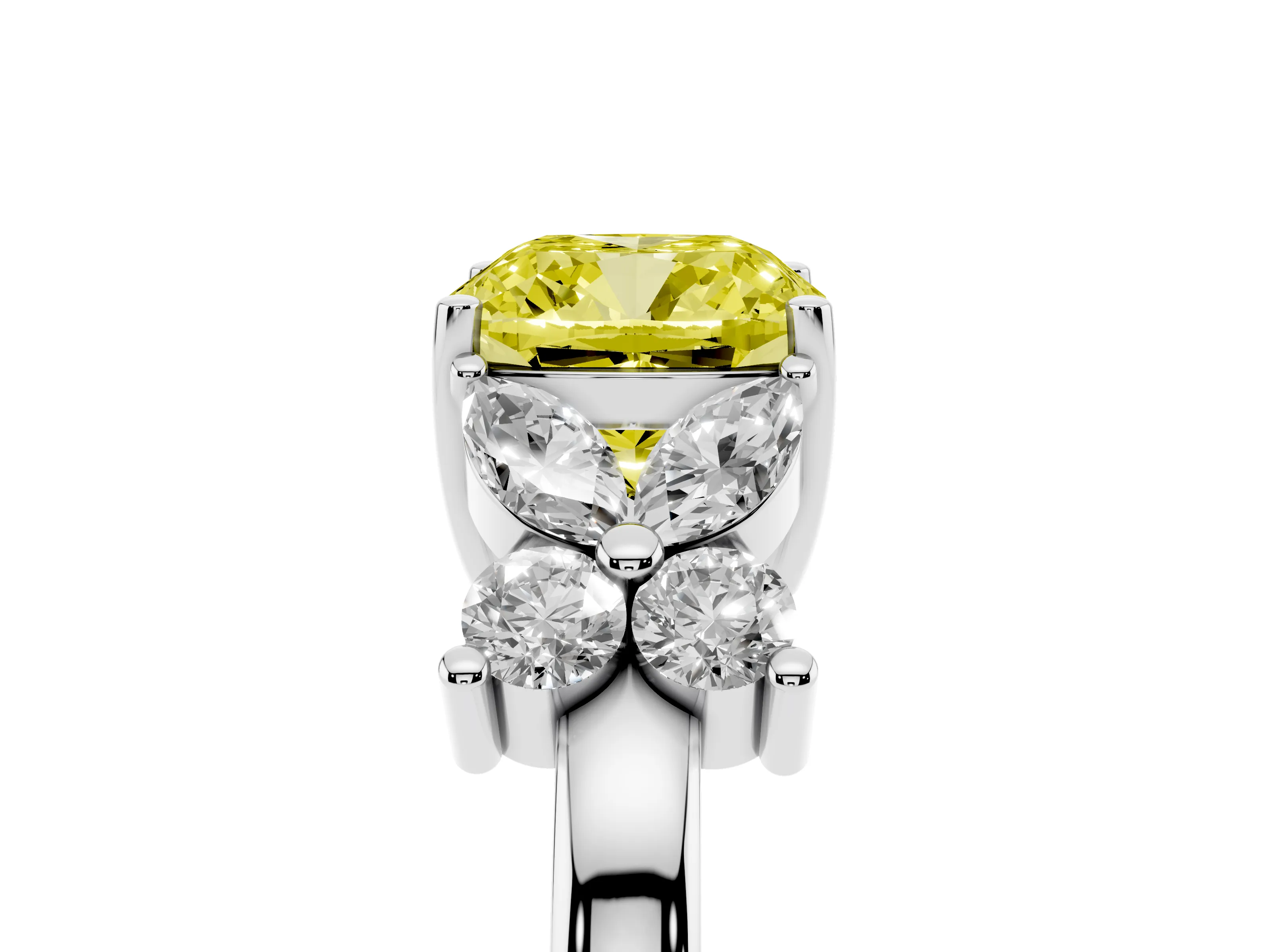Fancy Yellow Cushion Cut Diamond Floral Cluster Ring Set in Platinum with Marquise Petals and Prong Setting