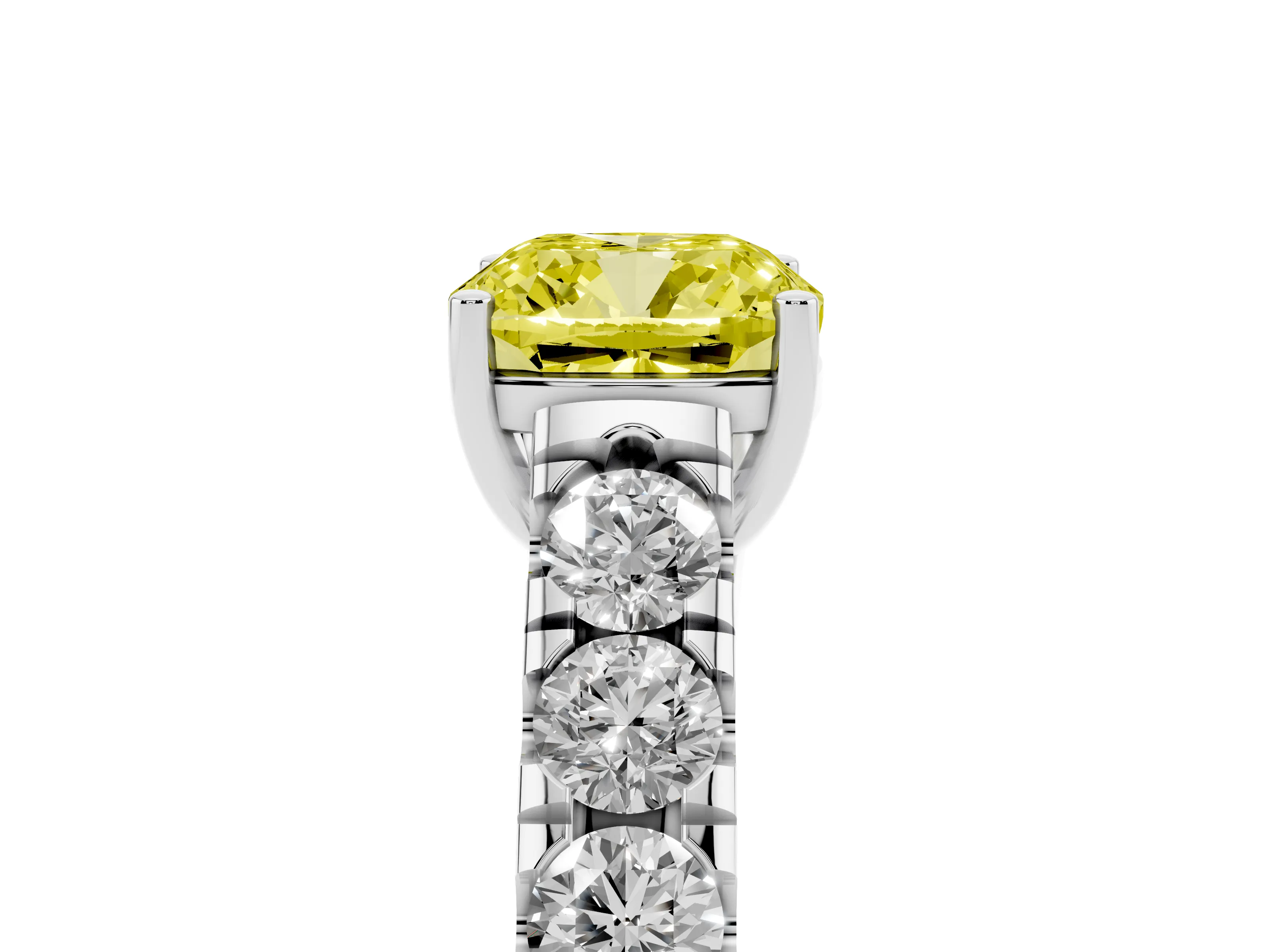 Fancy Yellow Cushion Cut Diamond Solitaire Ring Set in Platinum with Cut-Down Micro Pavé Band and Prong Setting