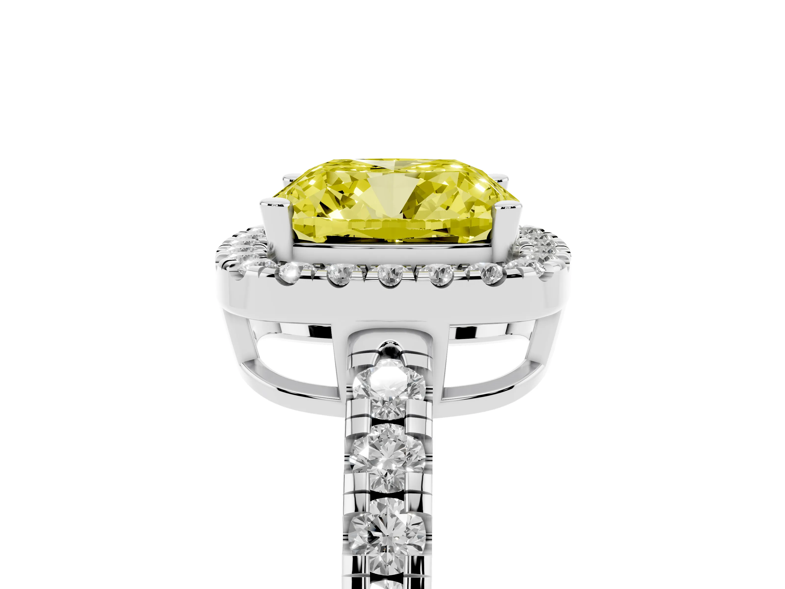 Fancy Yellow Cushion Cut Diamond Halo Ring Set in White gold with Delicate Pavé Band and Prong Setting