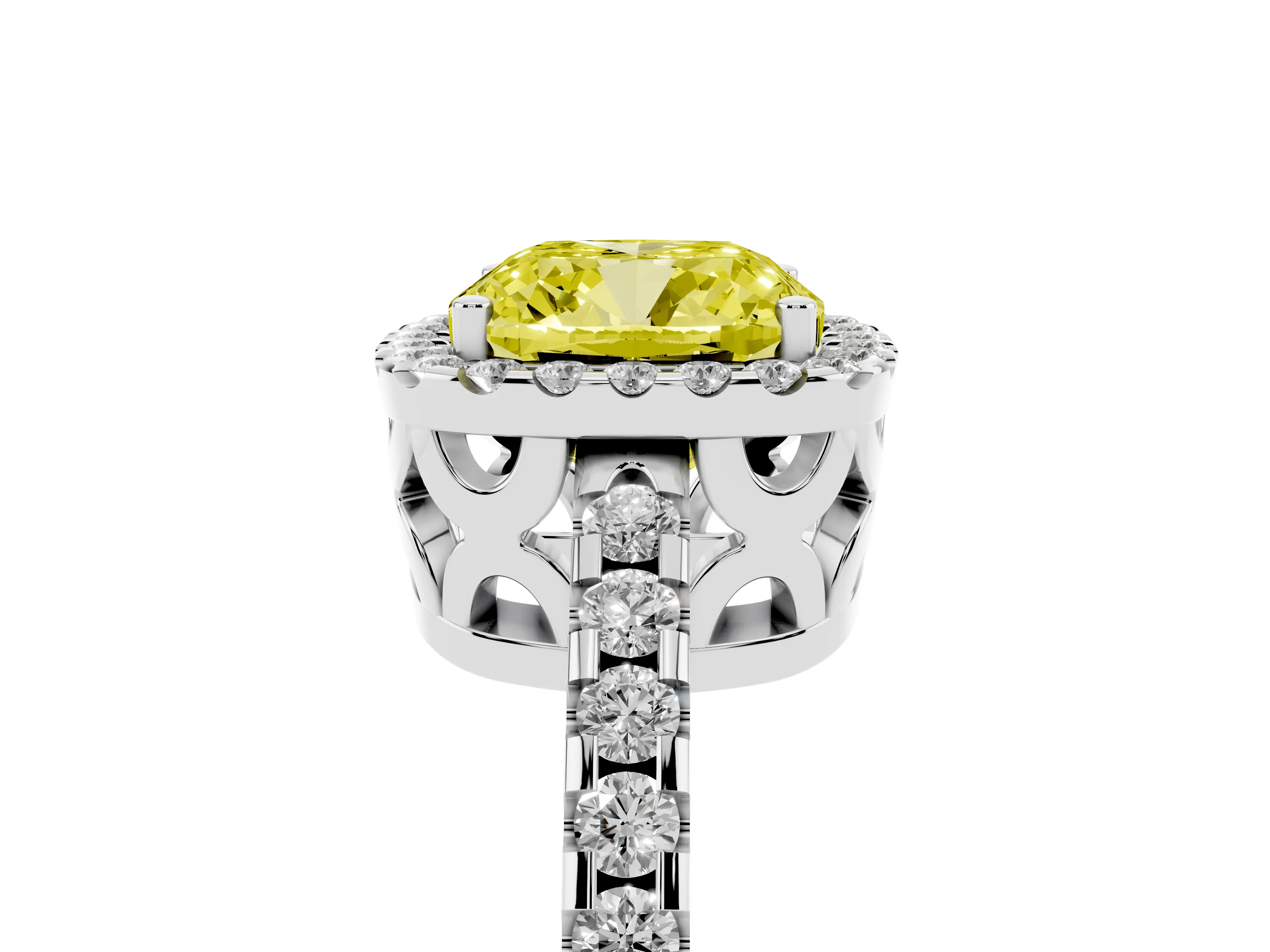 Fancy Yellow Cushion Cut Diamond Halo Ring Set in Silver with Pavé Shoulders and Halo-Framed Center