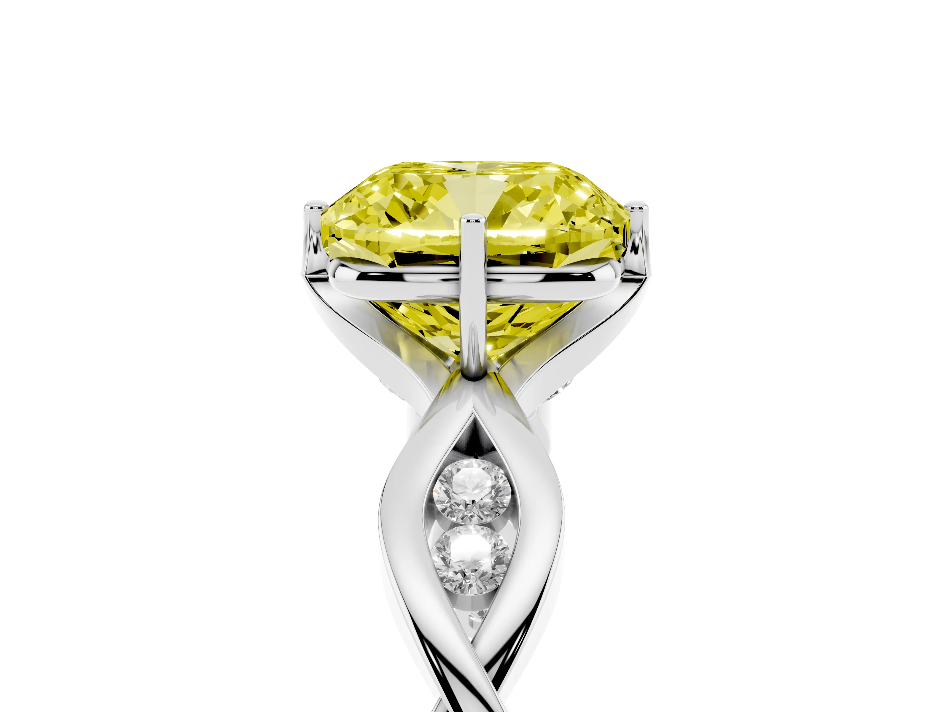 Fancy Yellow Cushion Cut Diamond Twist Band Solitaire Ring Set in Platinum with Leaf Prong Setting and Accent Stones