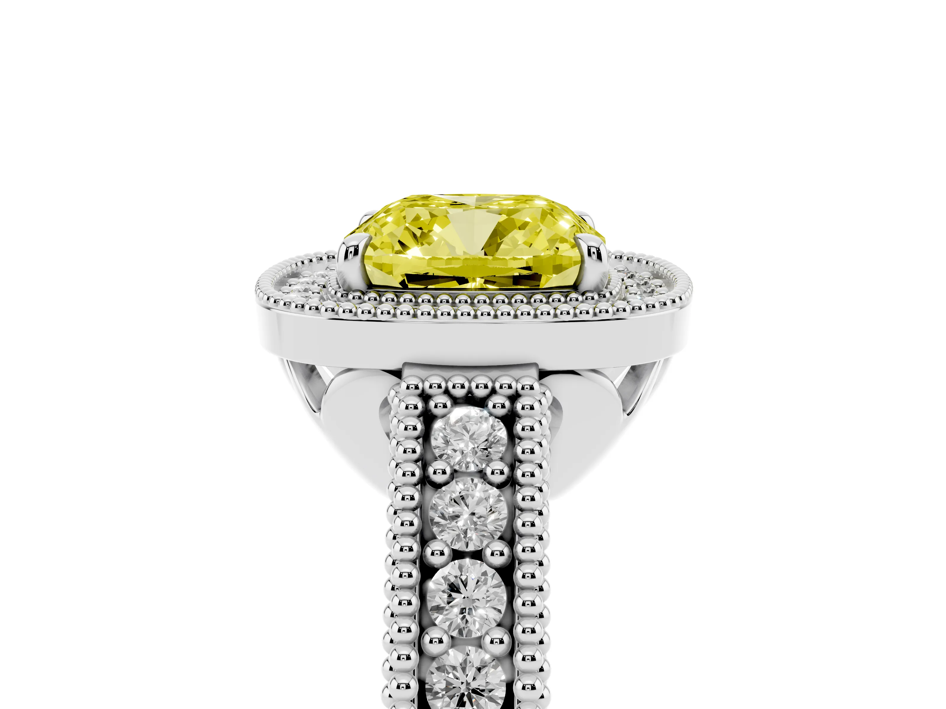 Fancy Yellow Cushion Cut Diamond Halo Ring Set in White gold with Round Accent Halo, Pavé Band and Prong Setting