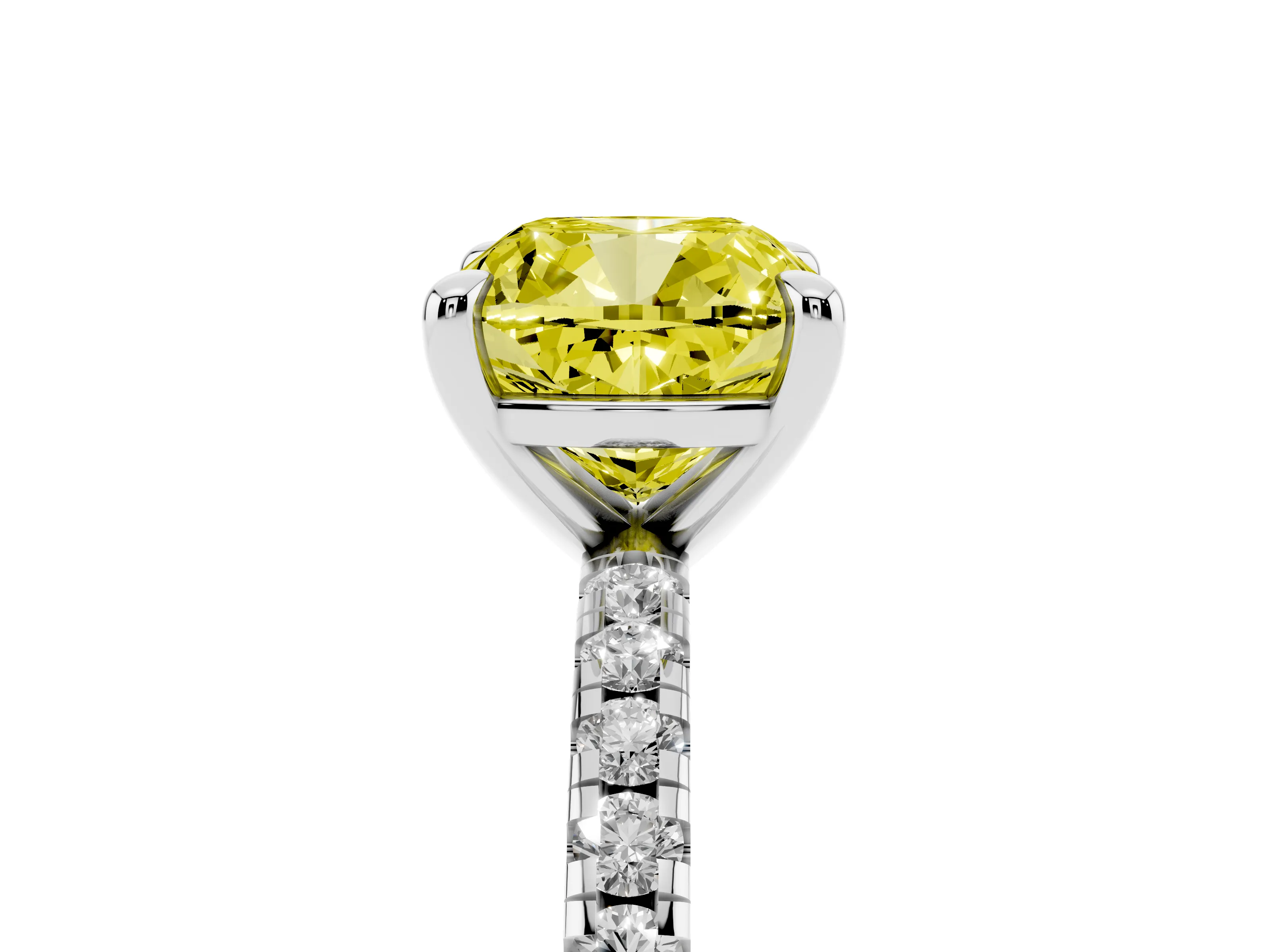 Fancy Yellow Cushion Cut Diamond Brilliant Solitaire Ring Set in Platinum with Pavé Band and Prong Setting