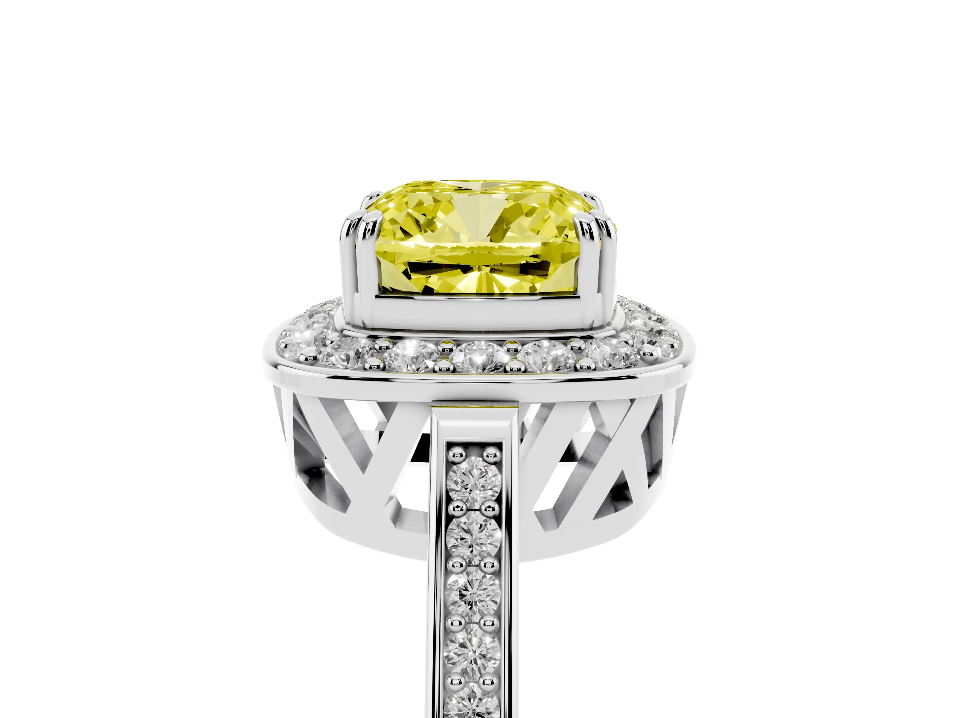 Fancy Yellow Cushion Cut Diamond Halo Ring Set in Platinum with Accent-Lined Split Shank and Prong Setting
