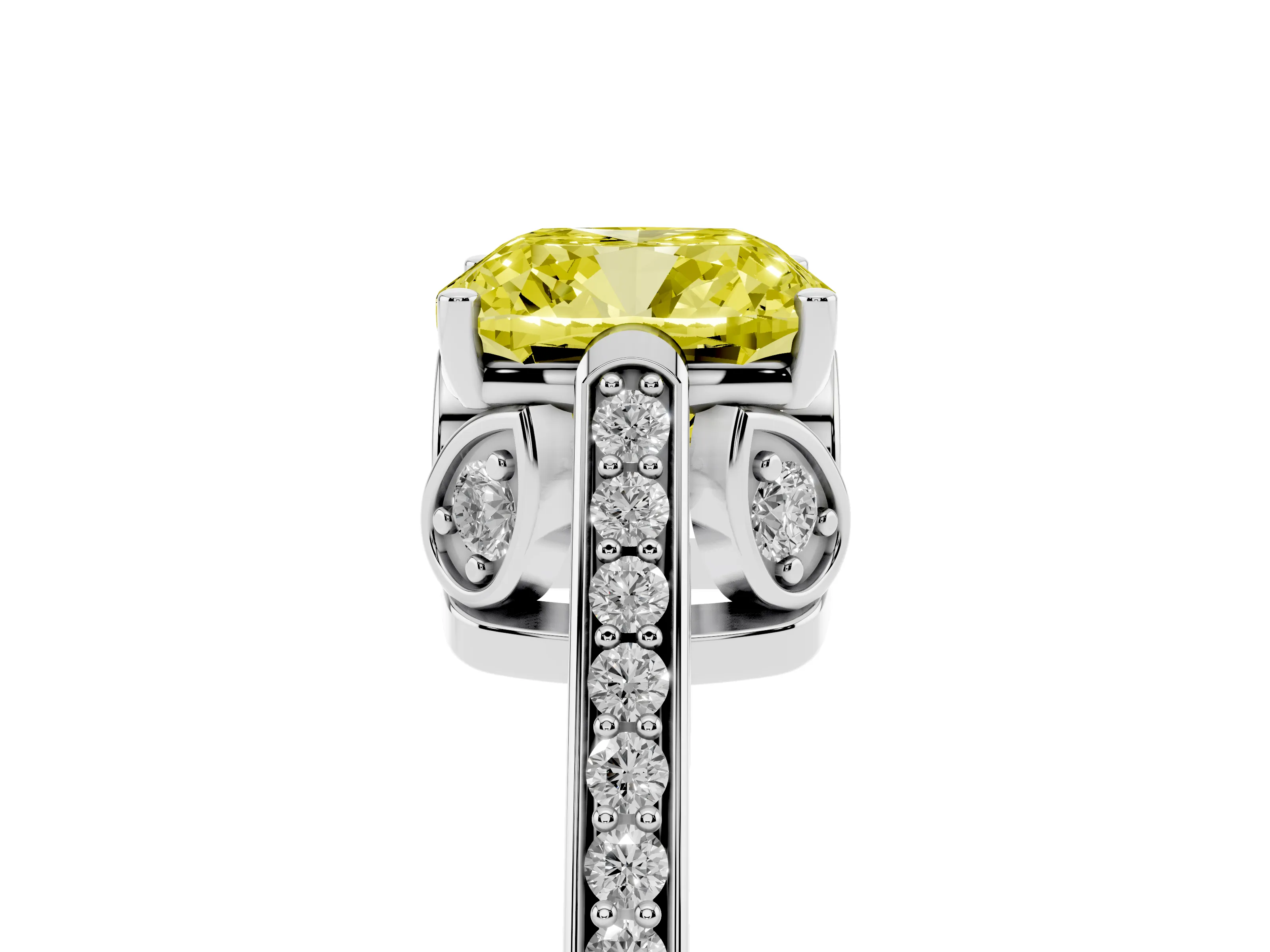 Fancy Yellow Cushion Cut Diamond Cathedral Pavé Engagement Ring Set in Platinum with Prong Setting
