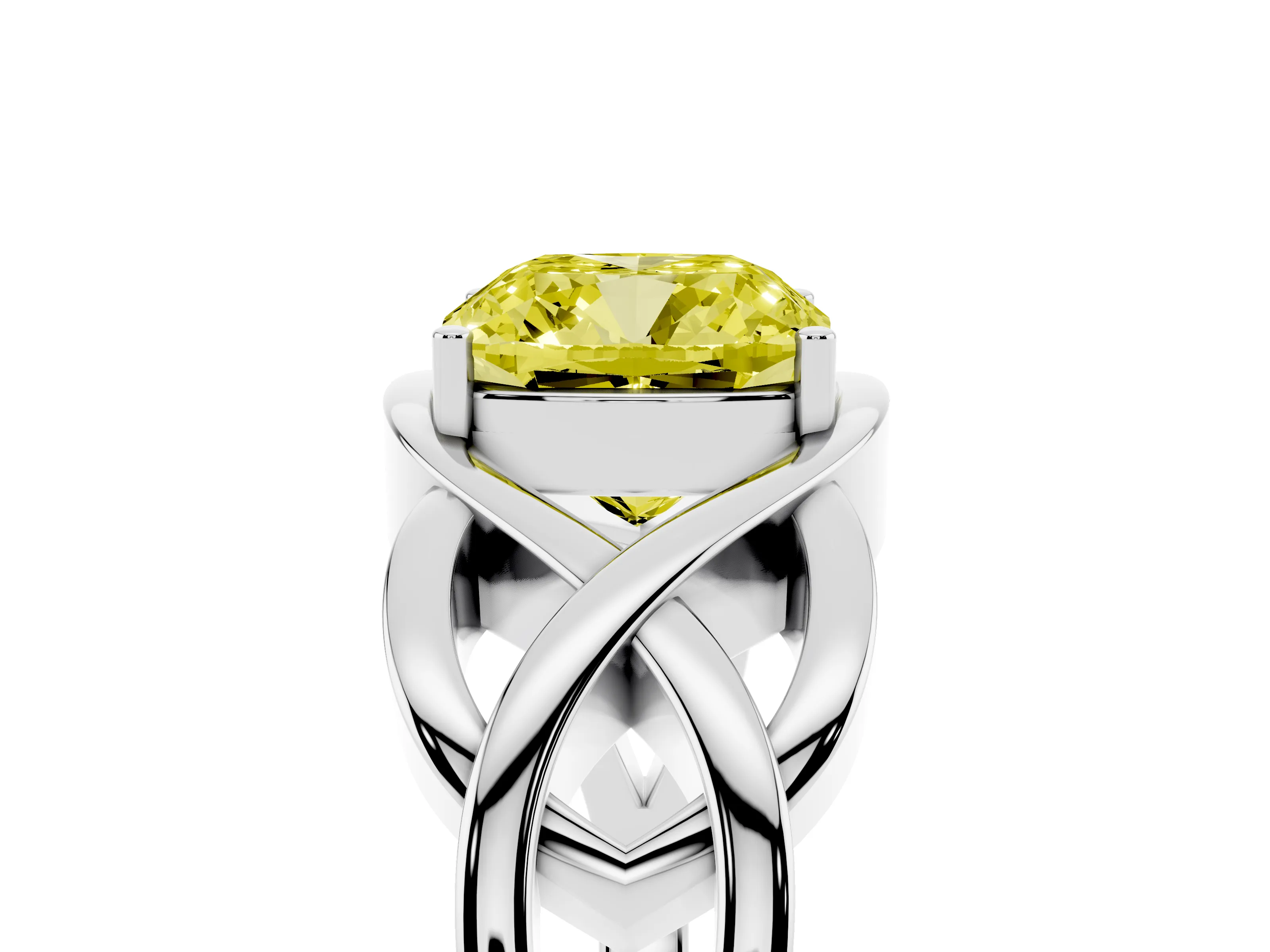 Fancy Yellow Cushion Cut Diamond Solitaire Ring Set in Silver with Intertwined Band