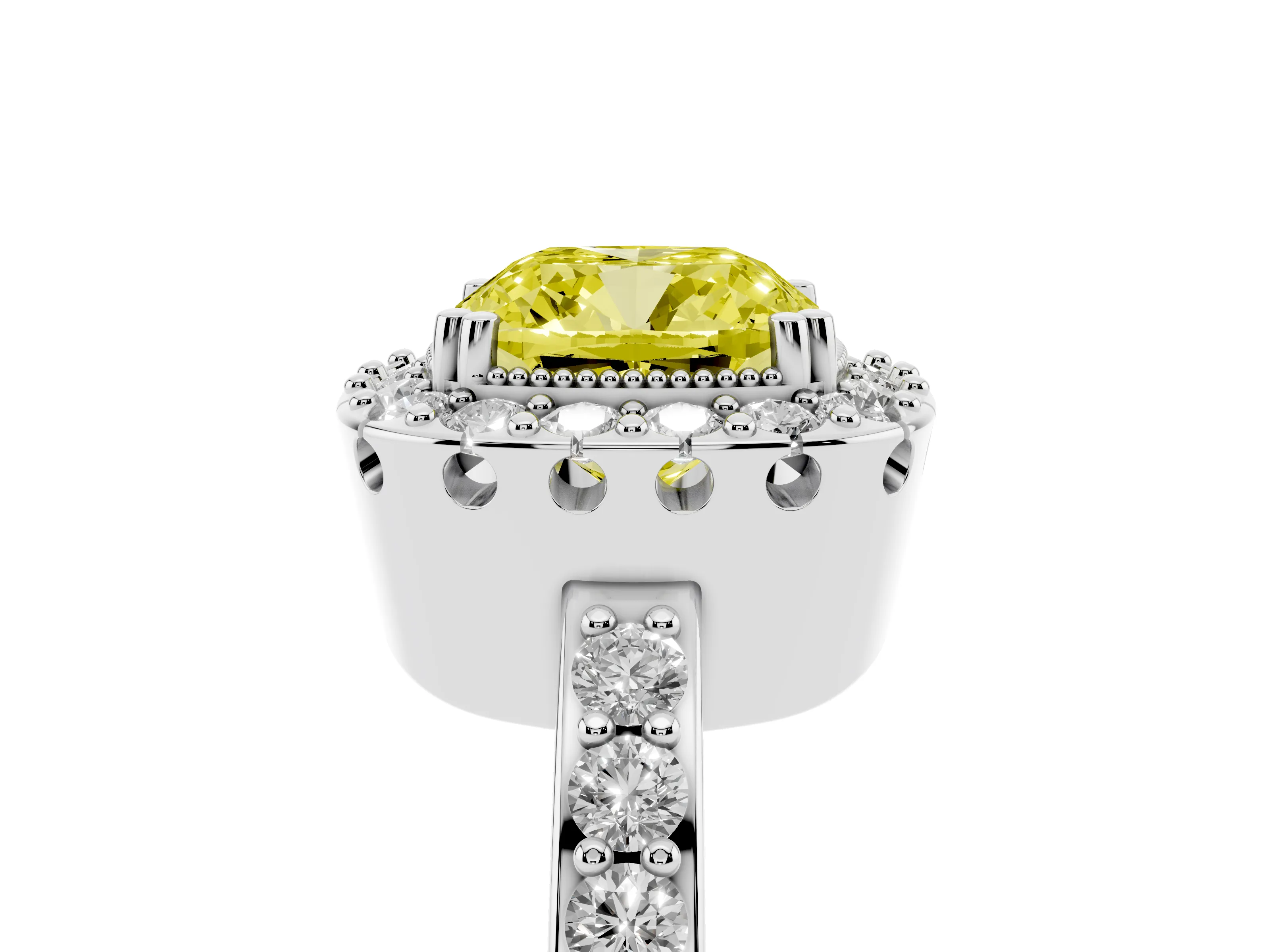 Fancy Yellow Cushion Cut Diamond Halo Ring Set in White gold with Pavé Shank and Prong Setting