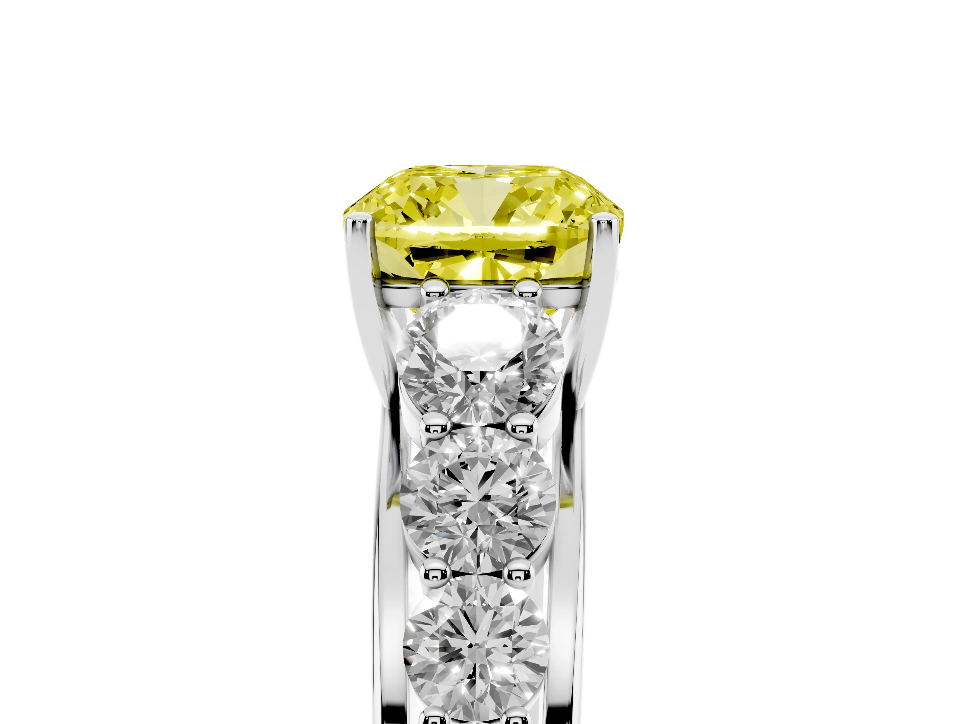 Fancy Yellow Cushion Cut Diamond Solitaire Ring Set in Silver with Pavé-Set Band and Prong Setting