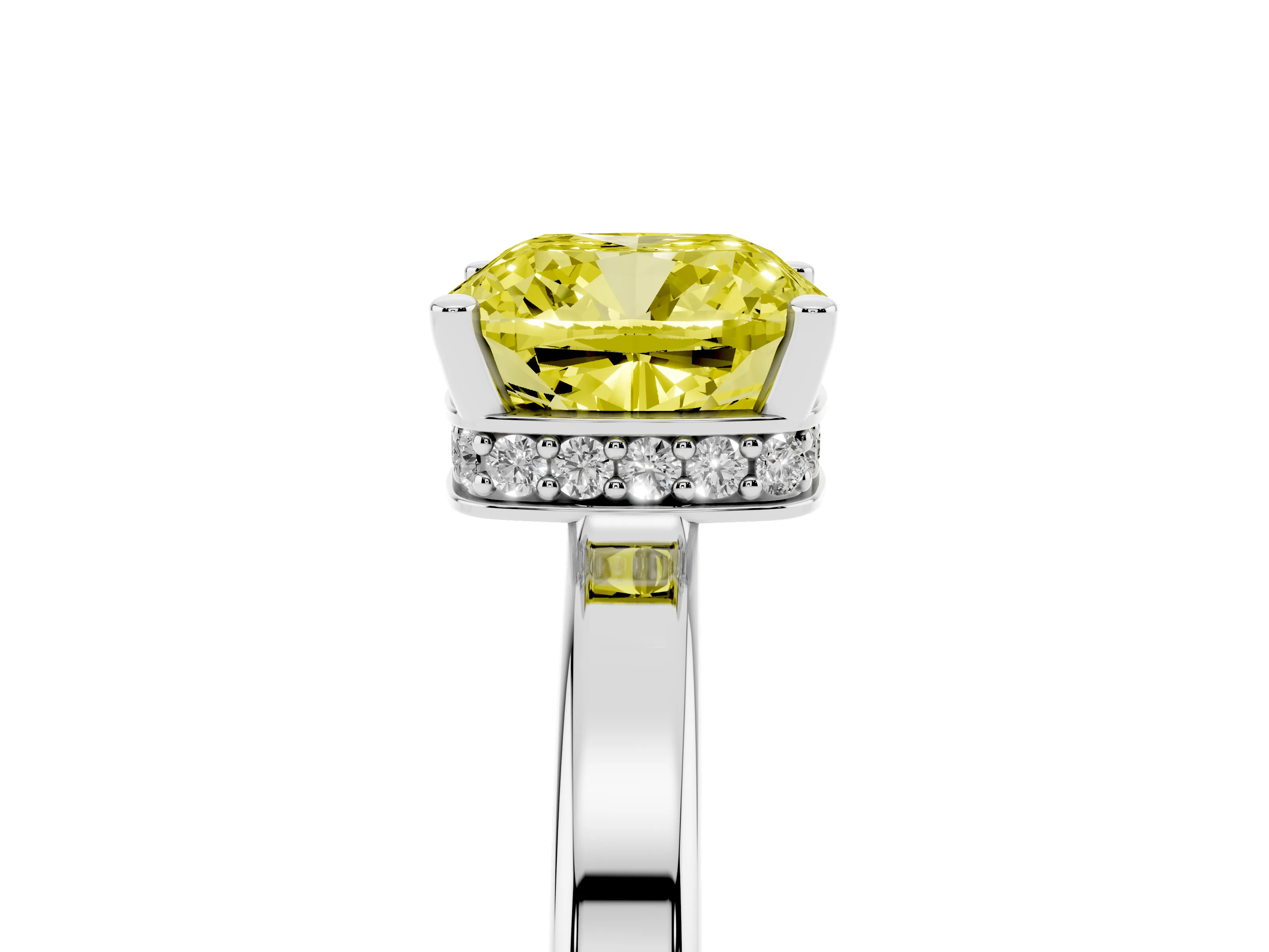 Fancy Yellow Cushion Cut Diamond Solitaire Engagement Ring Set in White gold with Prong Setting on a Plain Band