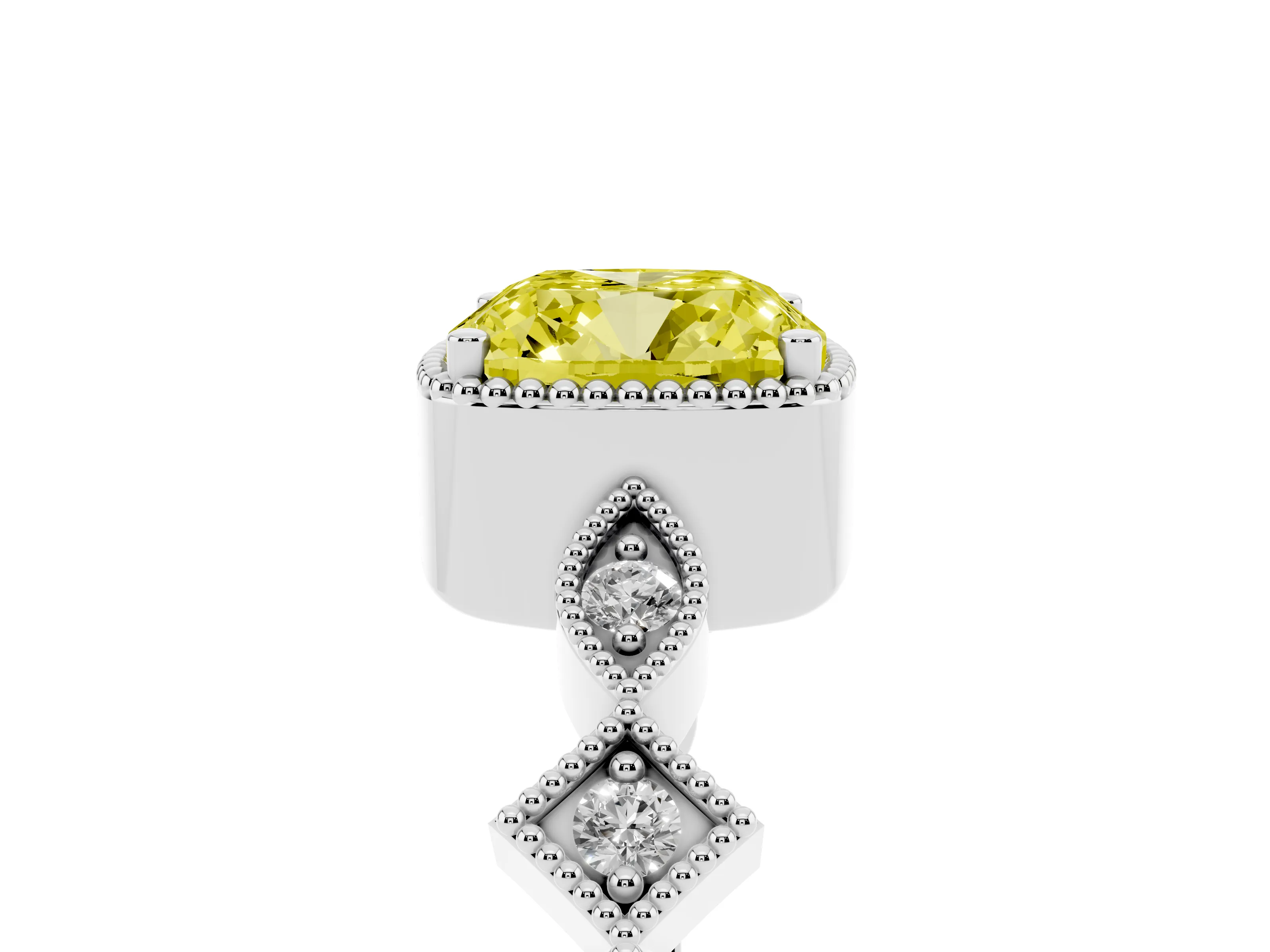 Fancy Yellow Cushion Cut Diamond Milgrain Marquise Twist Band Ring Set in White gold with Prong Setting