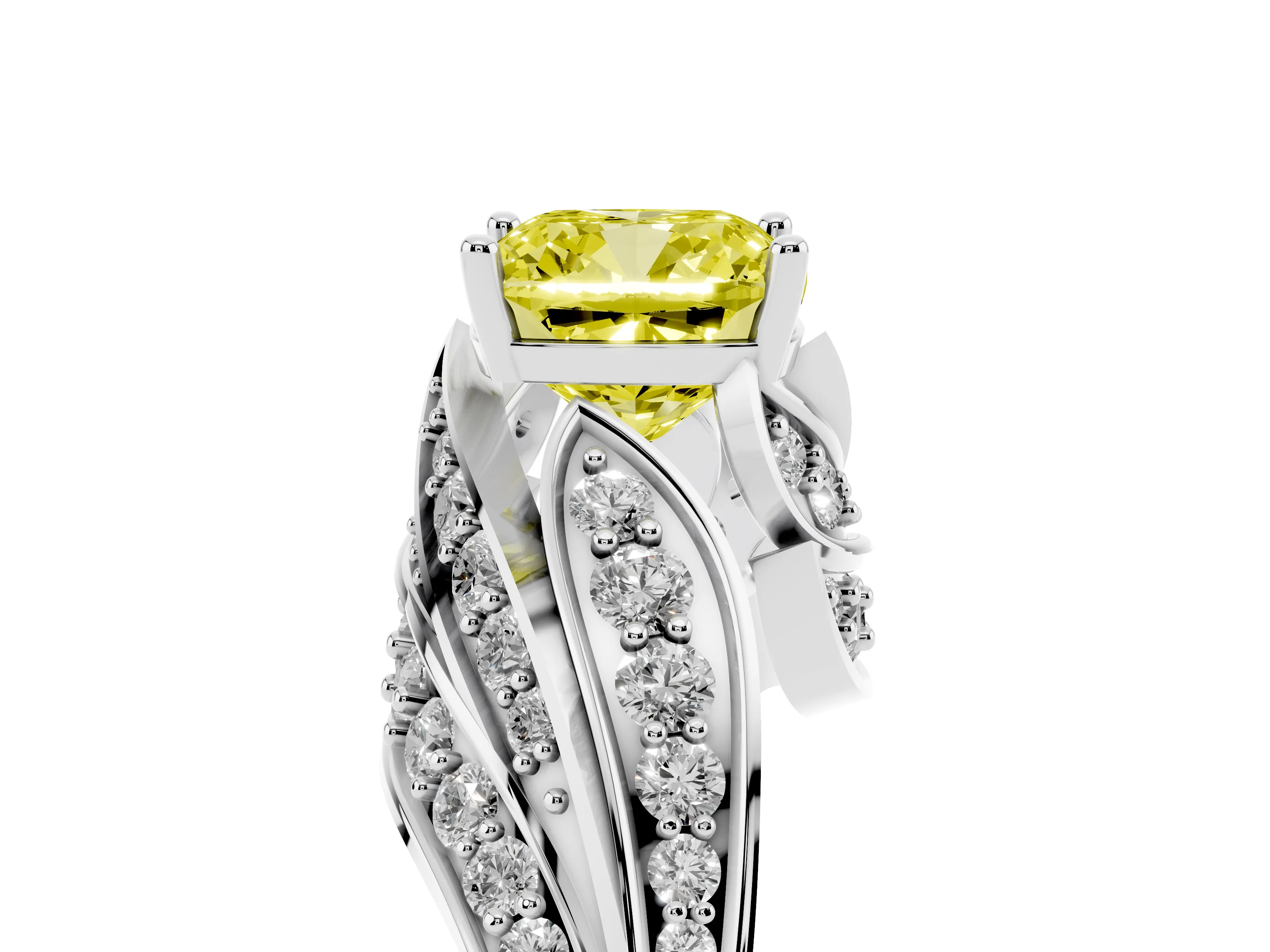 Fancy Yellow Cushion Cut Diamond Solitaire Ring Set in Silver with Layered Twist Pavé Band