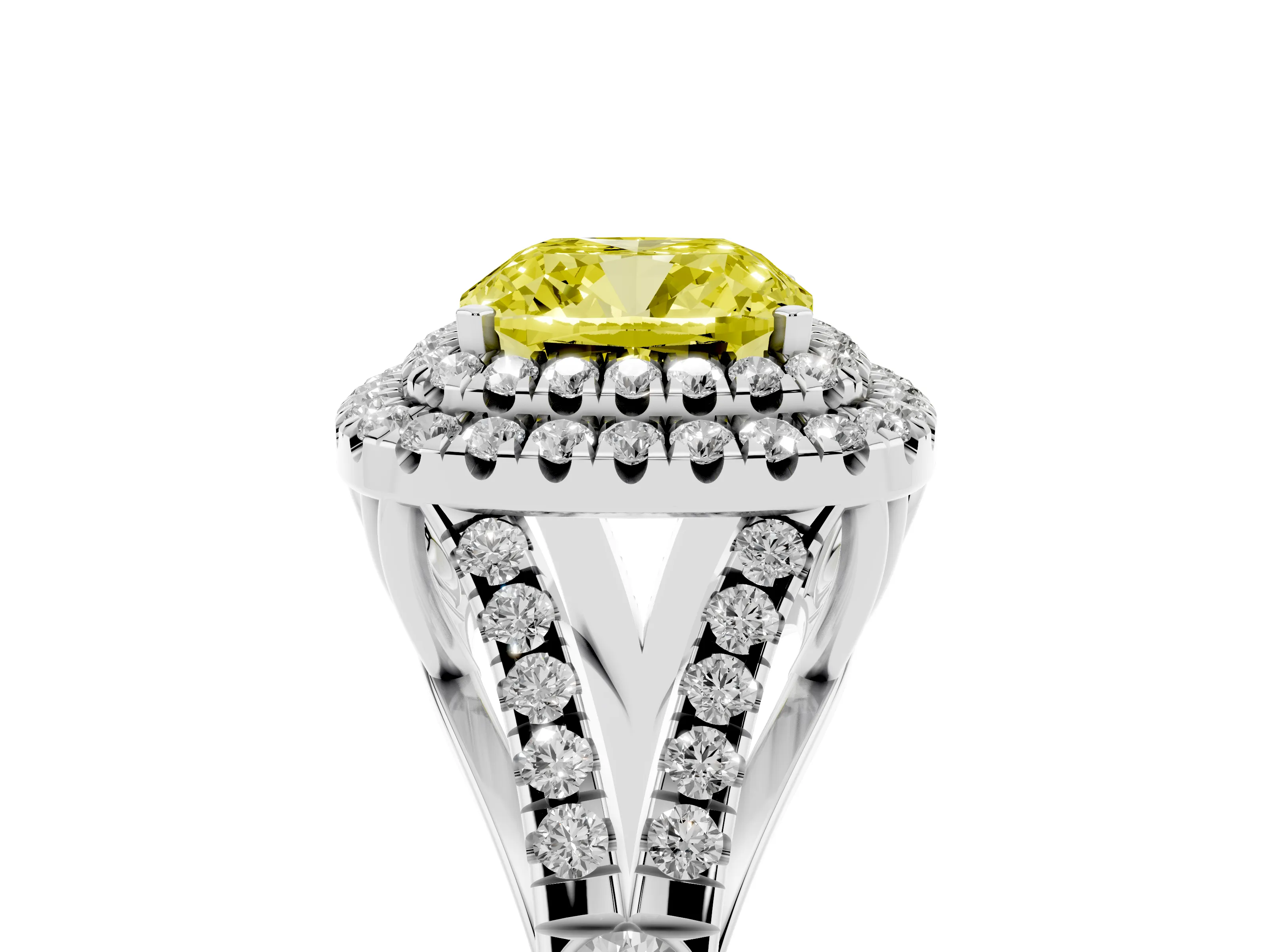 Fancy Yellow Cushion Cut Diamond Pavé Split Shank Double Halo Engagement Ring Set in Platinum