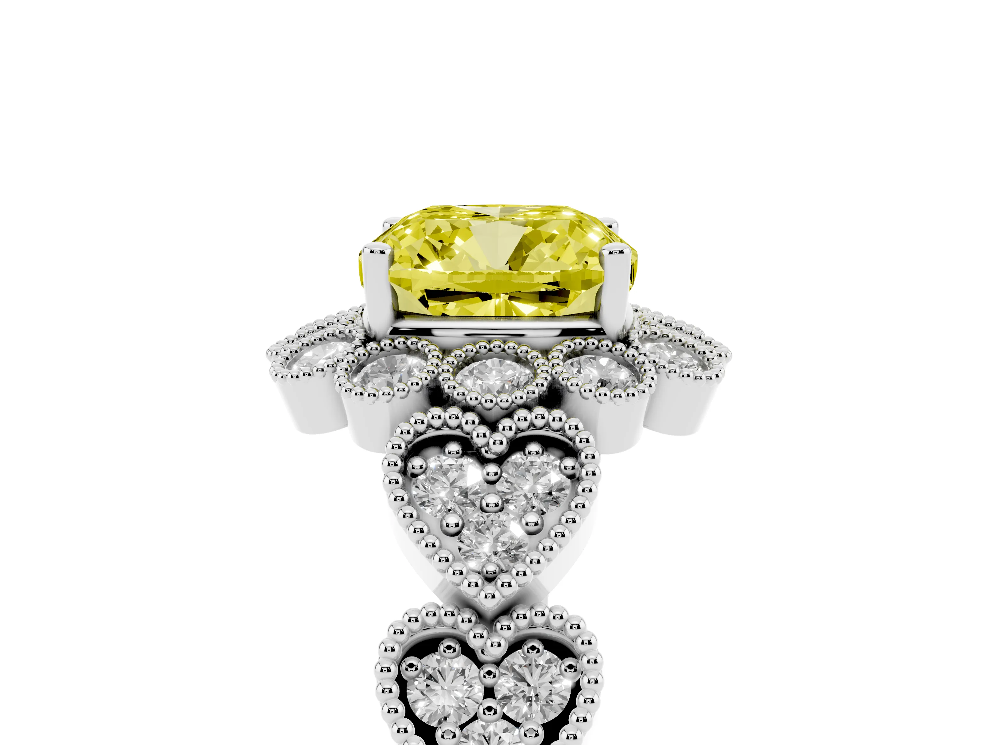 Fancy Yellow Cushion Cut Diamond Solitaire Ring Set in Platinum with Milgrain Pavé Heart Band