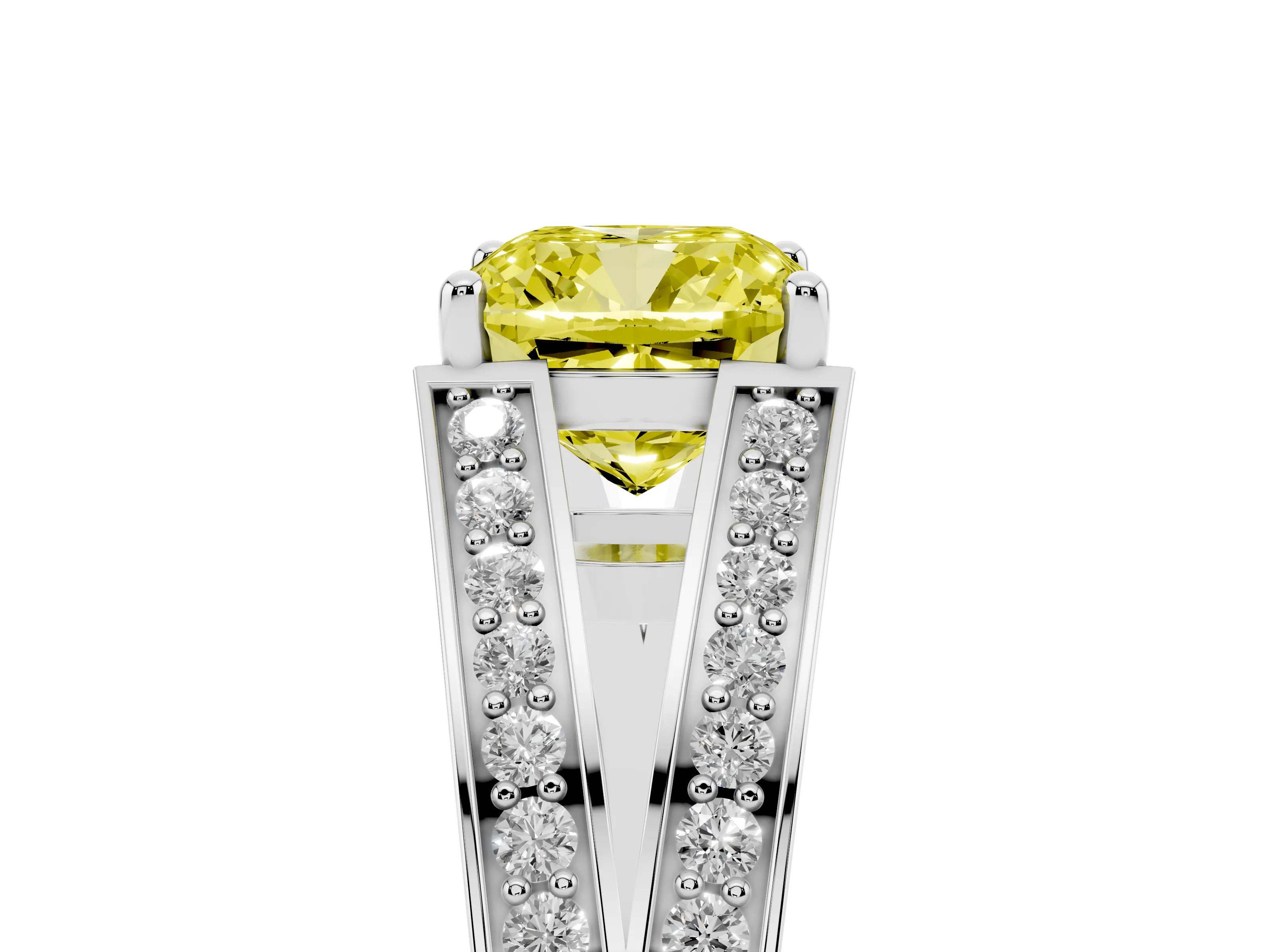 Fancy Yellow Cushion Cut Diamond Split Shank Ring Set in Platinum with Pavé Band and Prong Setting