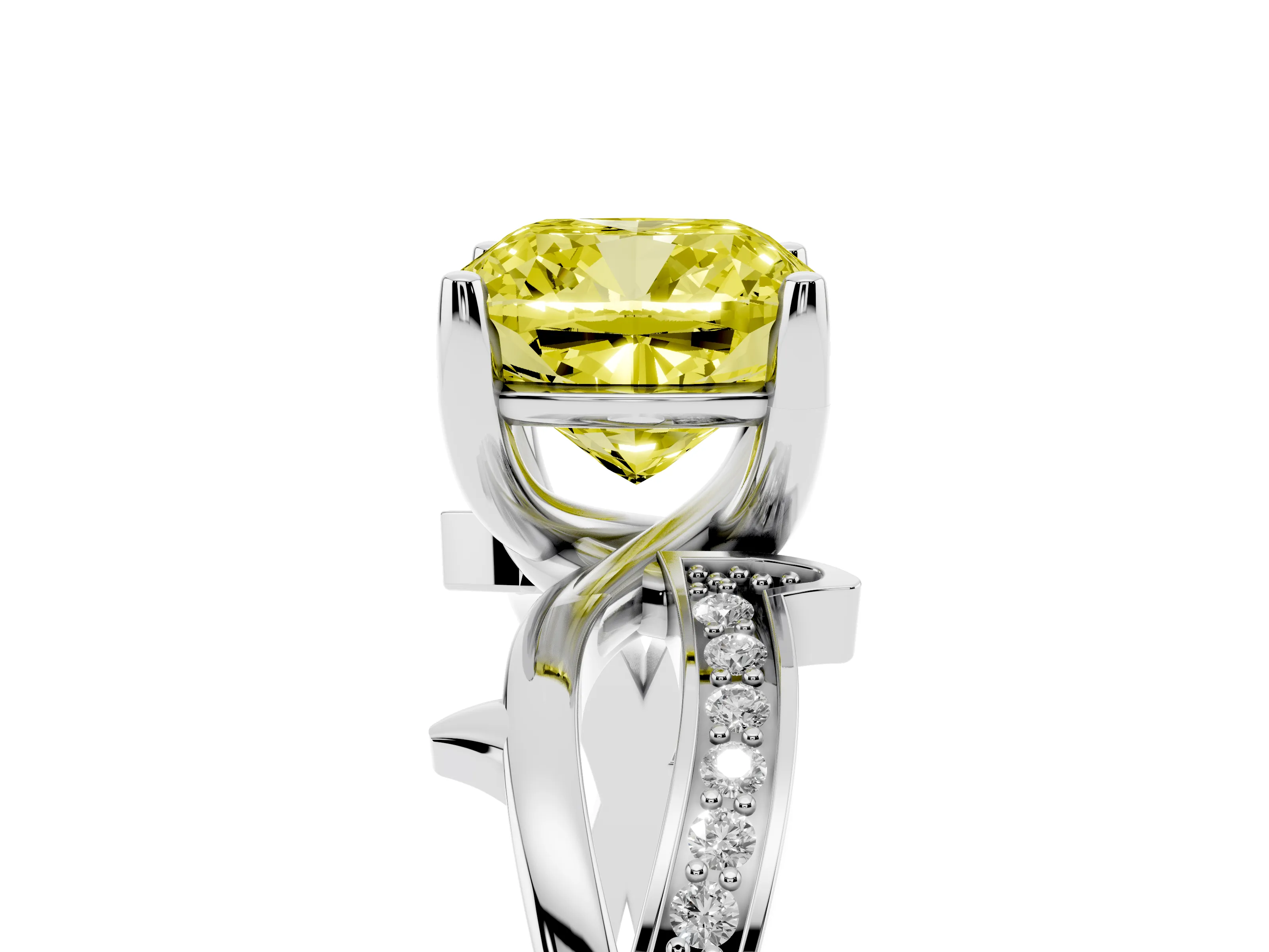 Fancy Yellow Cushion Cut Diamond Pavé Twist Band Solitaire Ring Set in Silver with Prong Setting