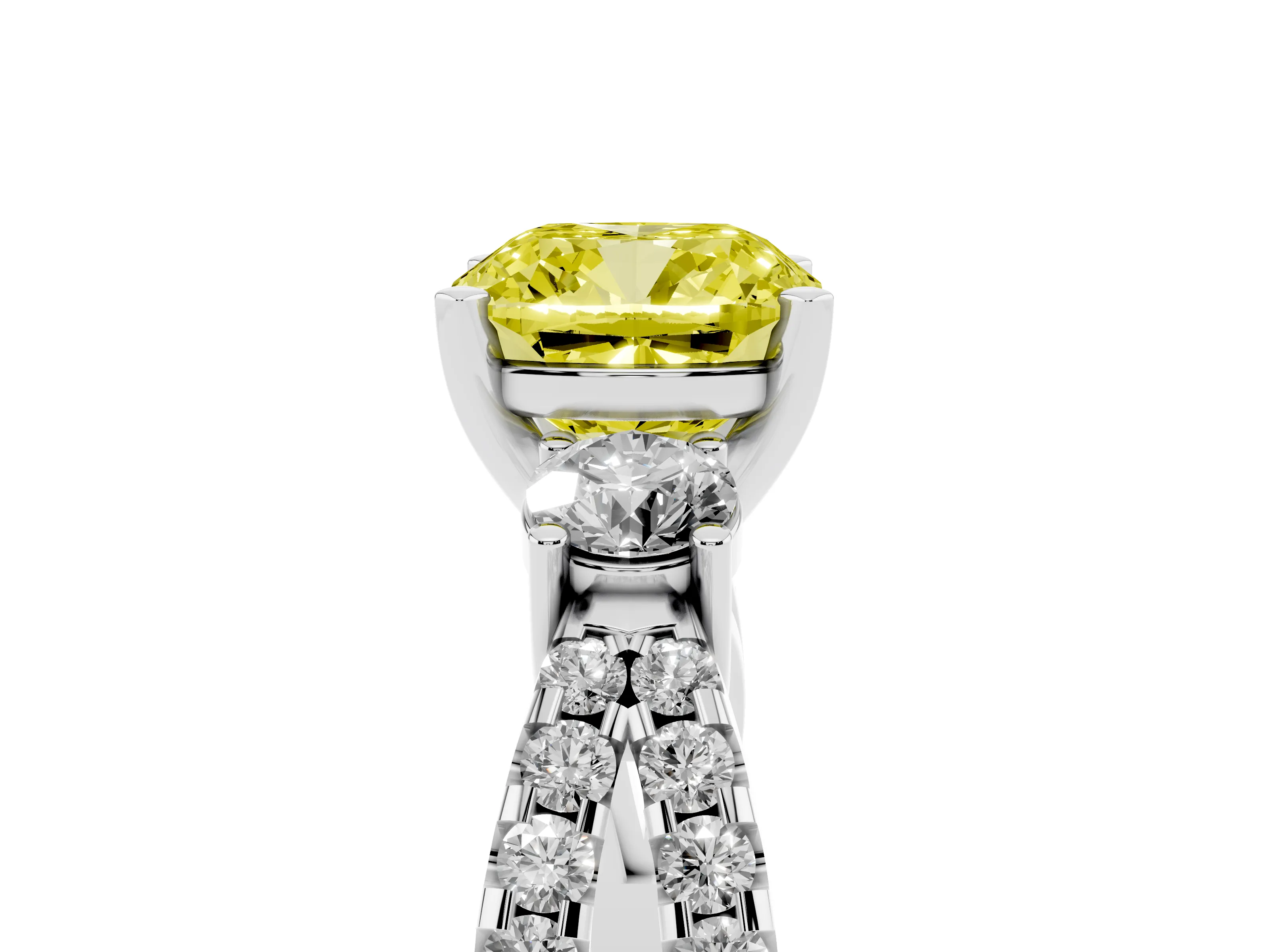 Fancy Yellow Cushion Cut Diamond Three-Stone Ring Set in White gold with Pavé Split Shank and Prong Setting