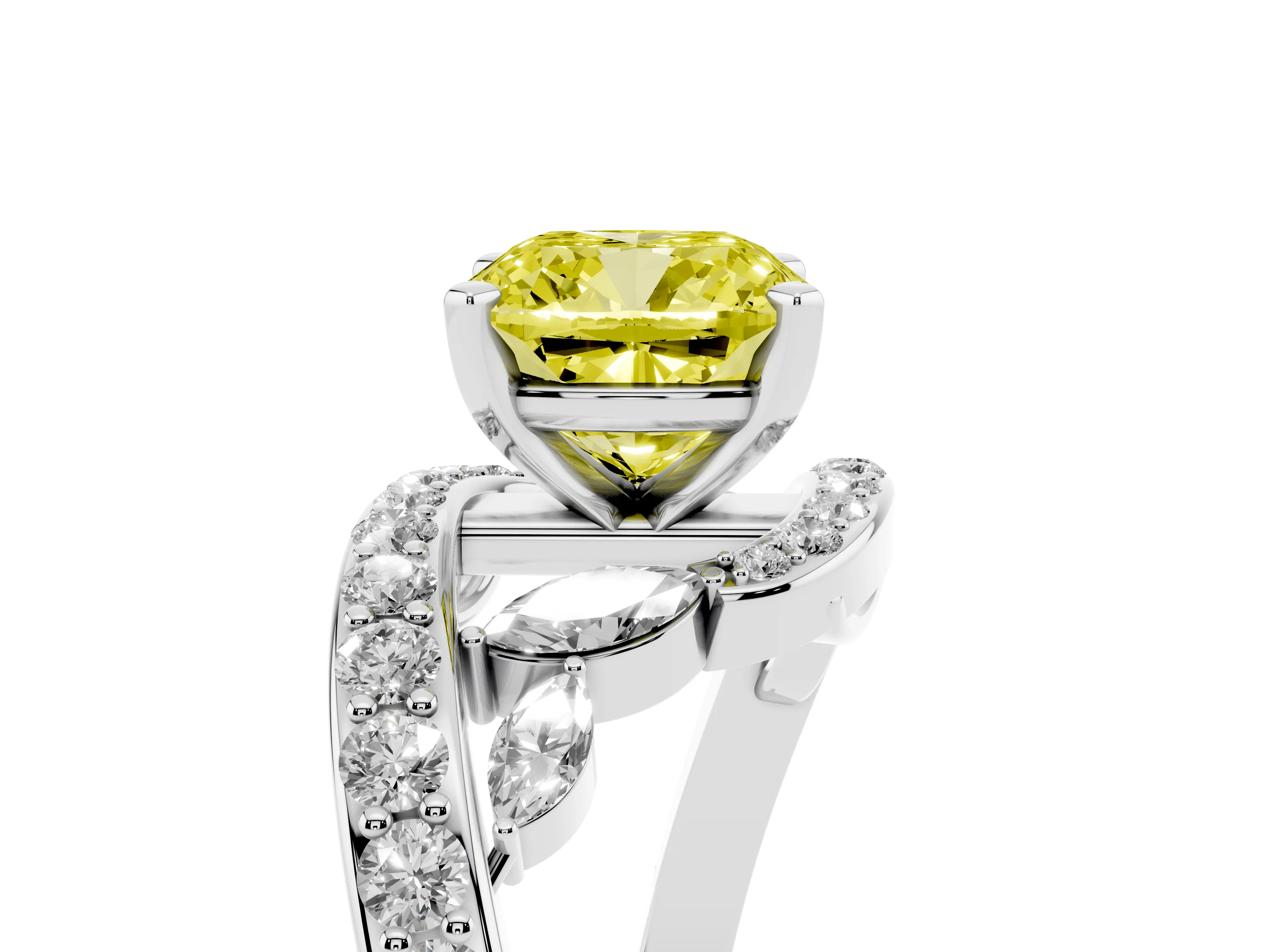 Fancy Yellow Cushion Cut Diamond Solitaire Ring Set in Platinum with Filigree Band and Prong Setting
