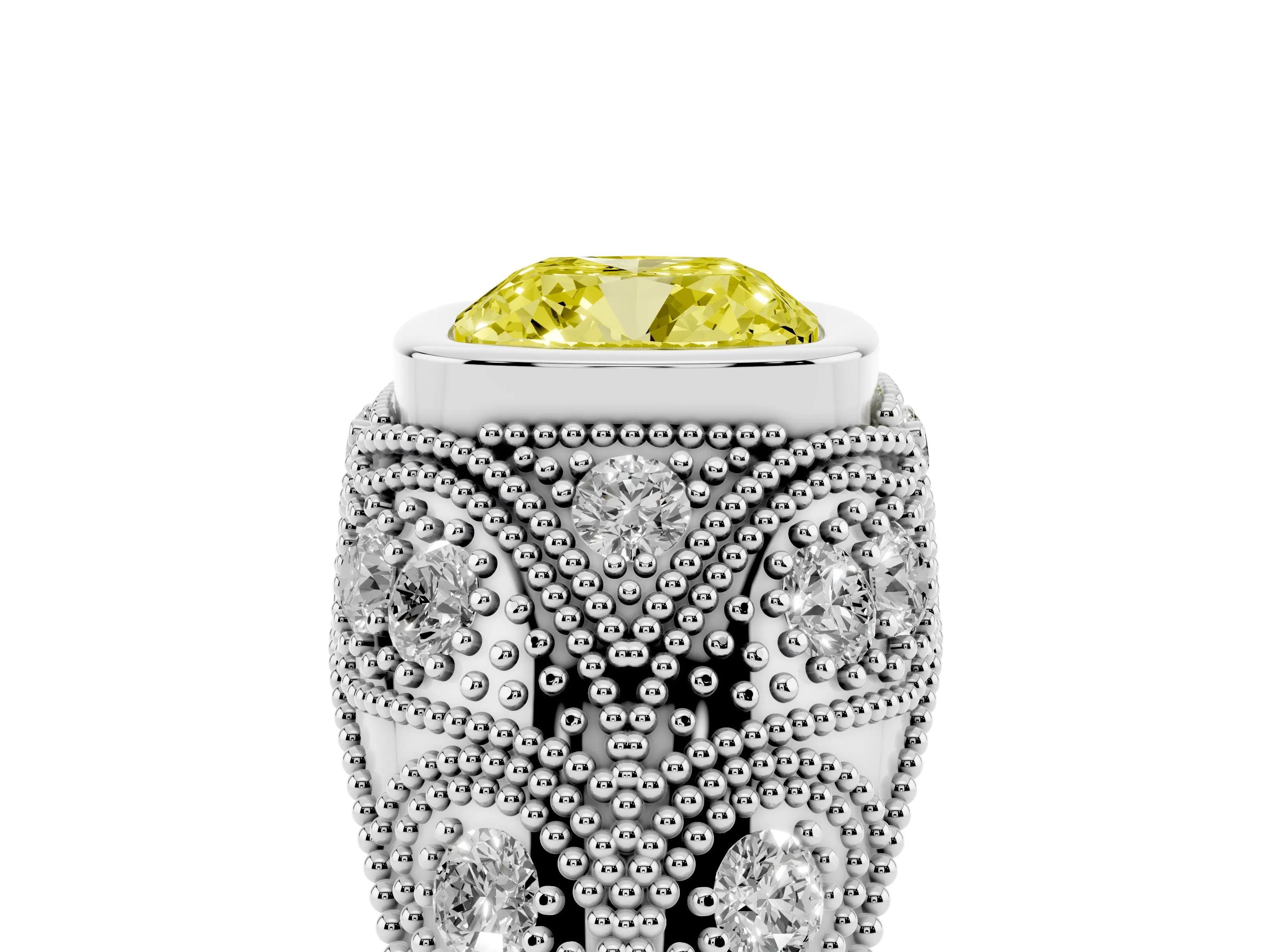 Fancy Yellow Cushion Cut Diamond Bezel Ring Set in Silver with Milgrain Accent Band