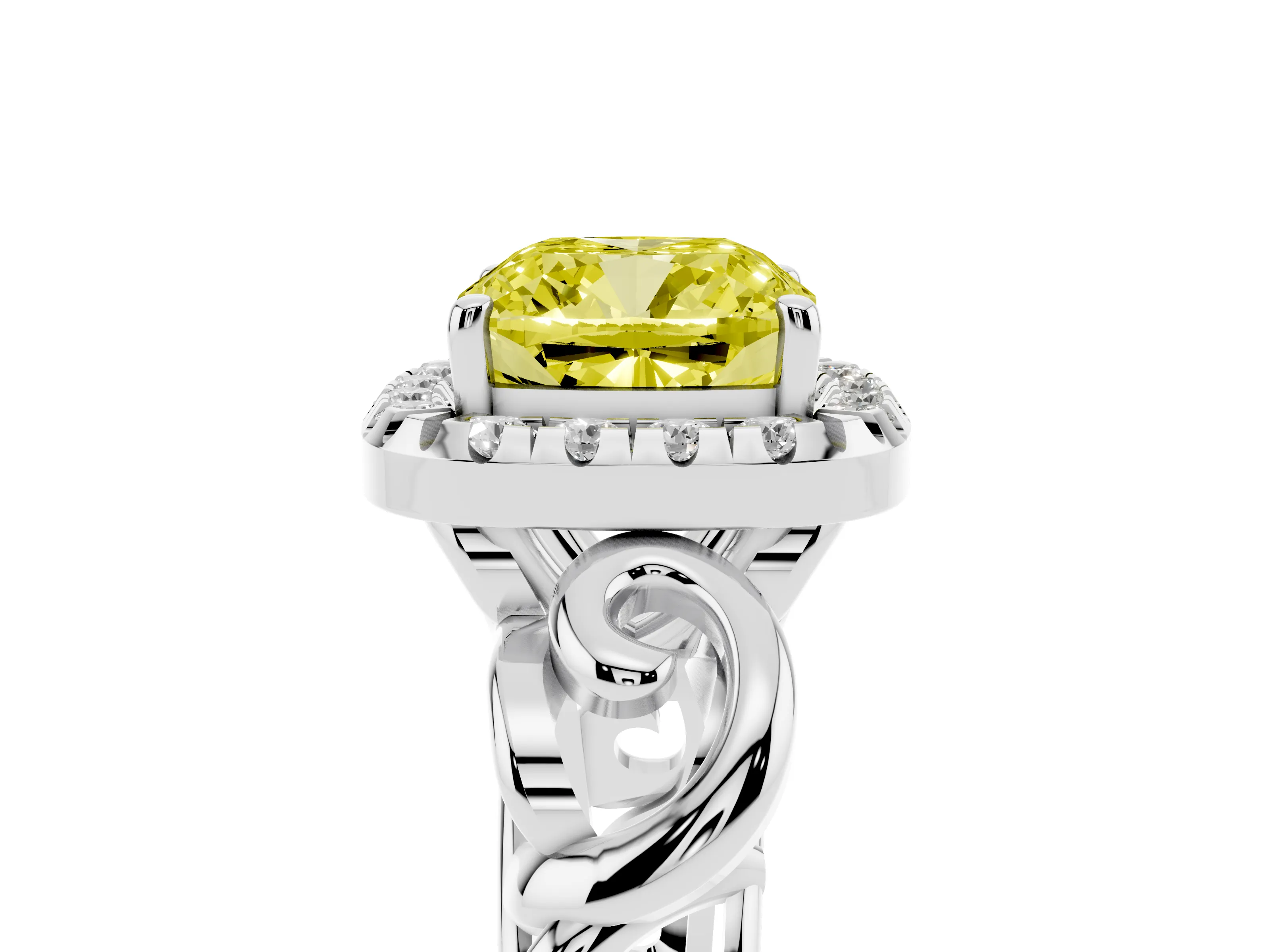 Fancy Yellow Cushion Cut Diamond Halo Ring Set in Platinum with Scrollwork Band and Prong Setting