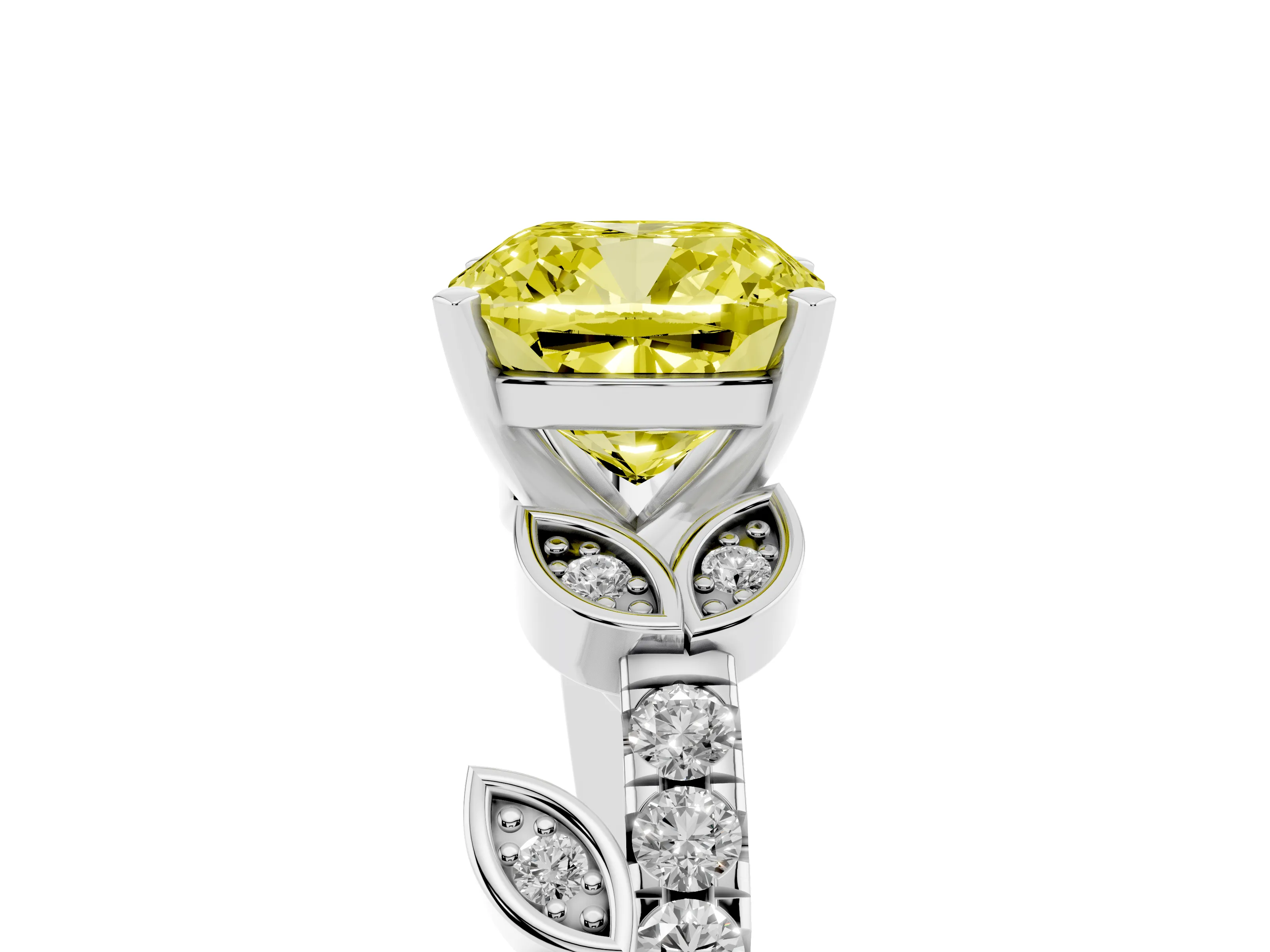 Fancy Yellow Cushion Cut Diamond Solitaire Leaf-Inspired Ring Set in Platinum with Pavé Band and Prong Setting