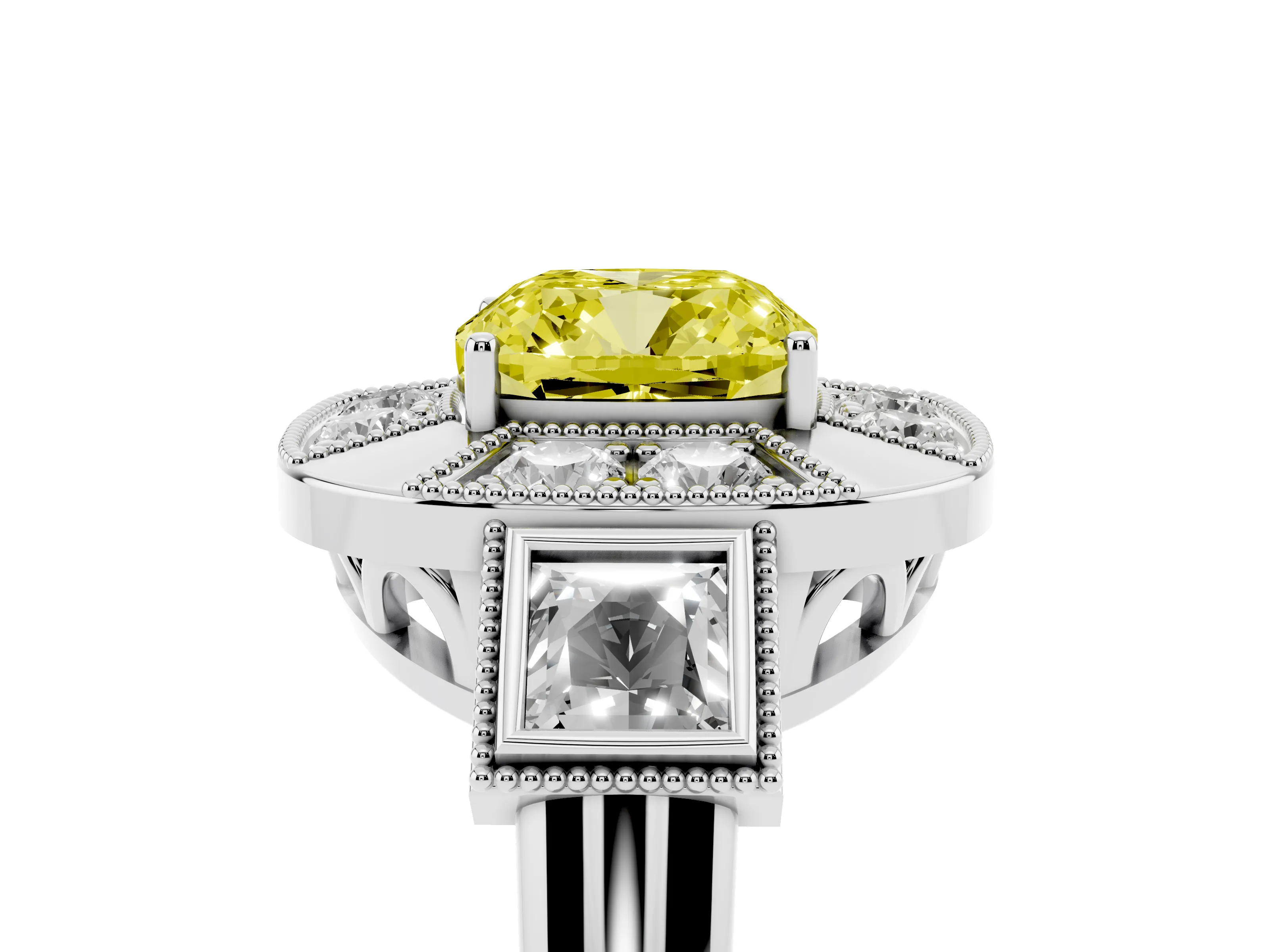 Fancy Yellow Cushion Cut Diamond Milgrain Halo Ring Set in White gold with Split Shank