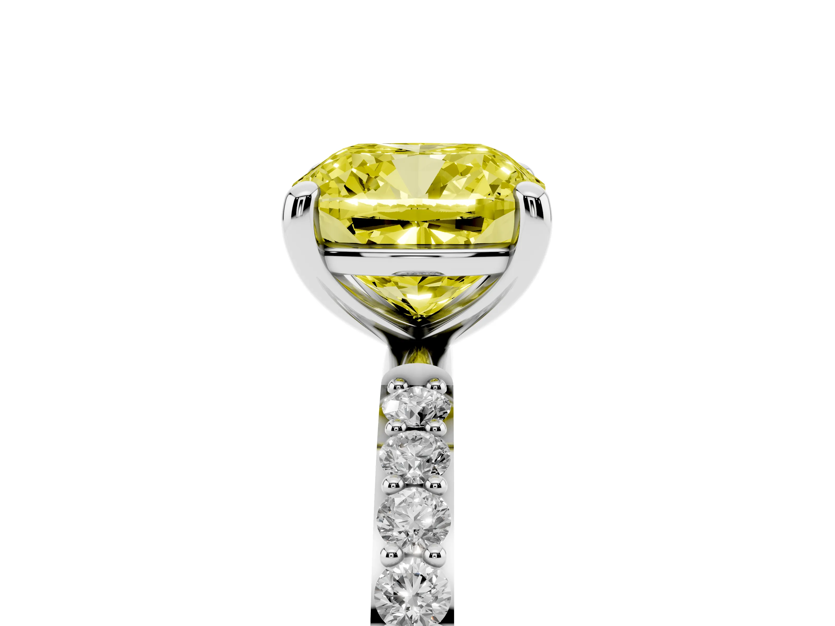 Fancy Yellow Cushion Cut Diamond Solitaire Ring Set in Silver with Round Pavé Band and Prong Setting