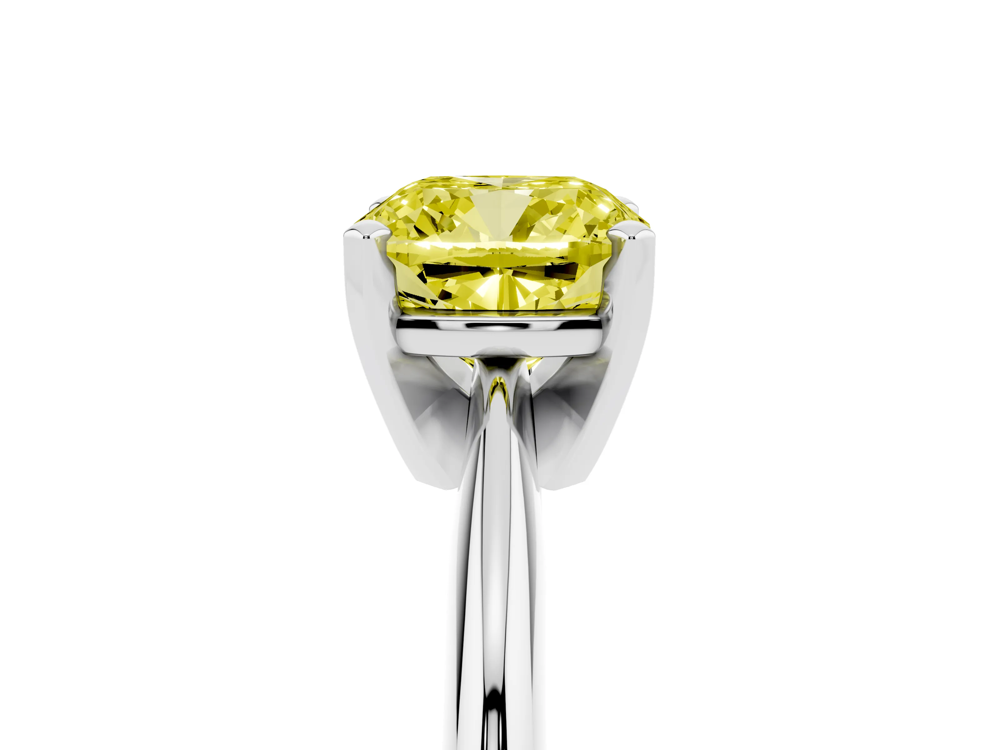 Fancy Yellow Cushion Cut Diamond Solitaire Ring Set in Silver with Prong Setting on a Plain Round Band