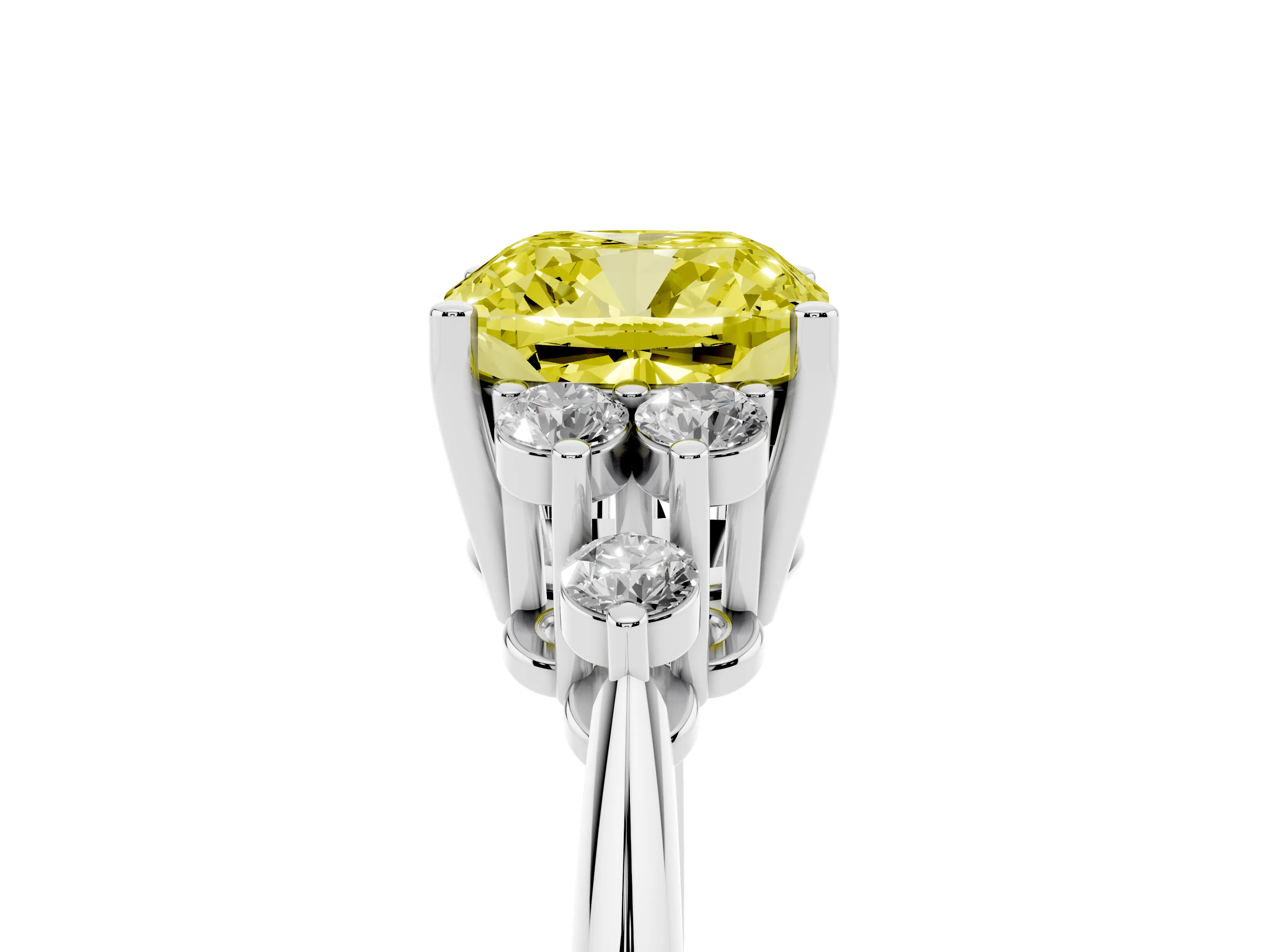 Fancy Yellow Cushion Cut Diamond Cluster Ring Set in White gold with Plain Band and Prong Setting