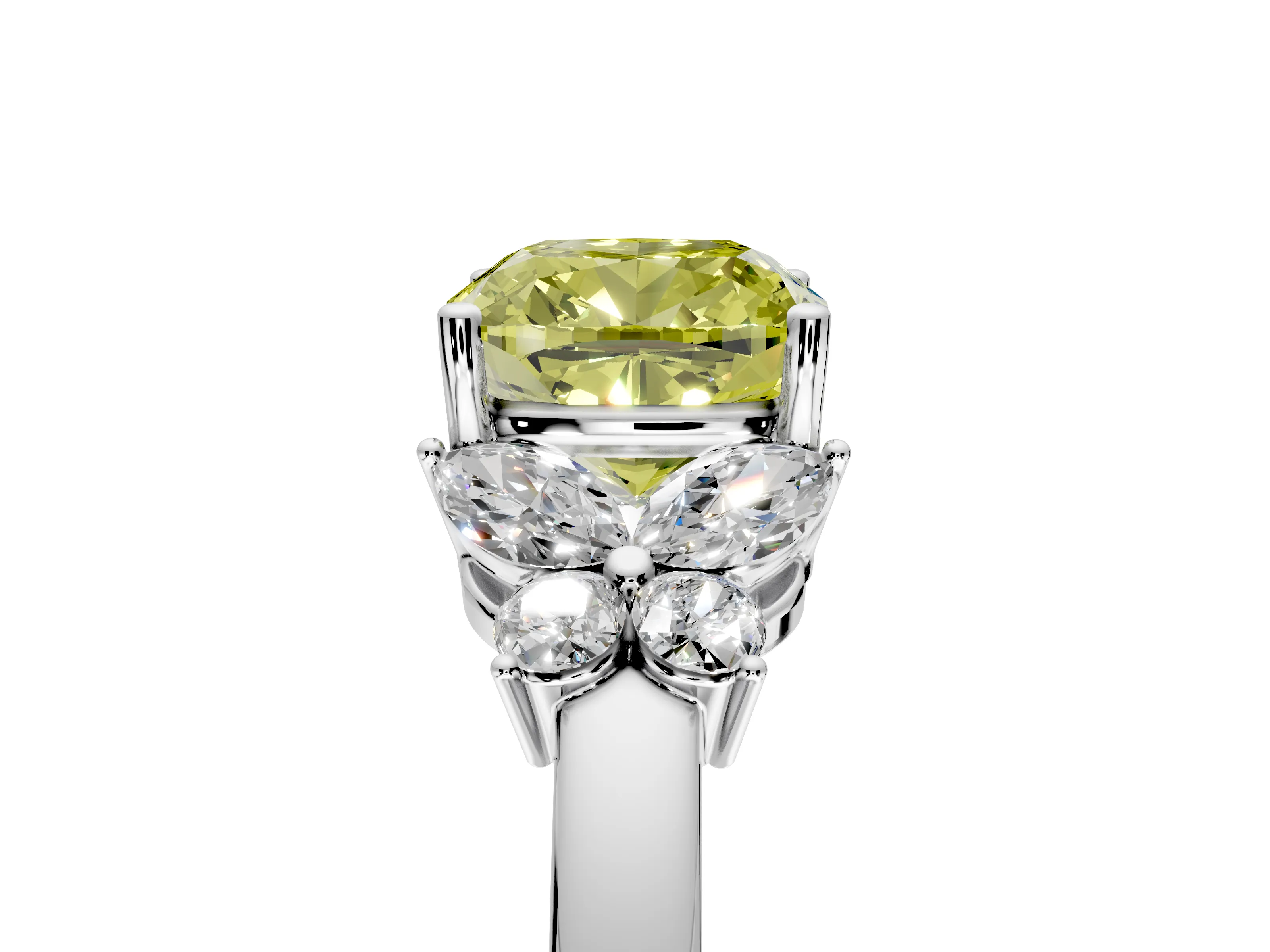 Solitaire Engagement Ring Setting for Fancy Yellow Cushion Cut Center with Marquise Flower Shoulders and Prong Head in White Gold