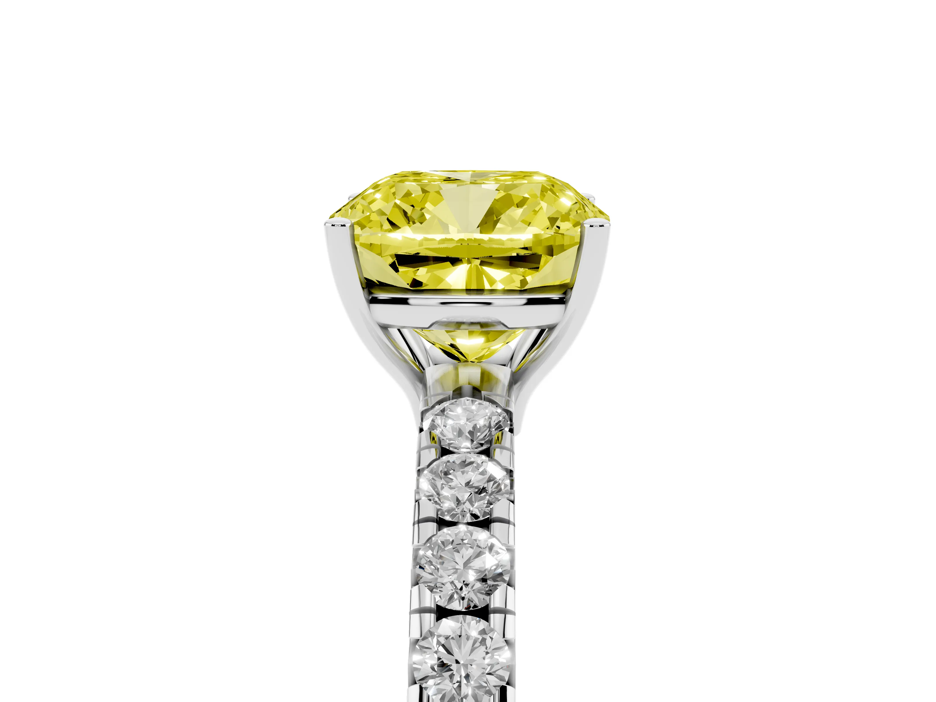 Fancy Yellow Cushion Cut Diamond Pavé Solitaire Engagement Ring Set in White gold with Prong Setting