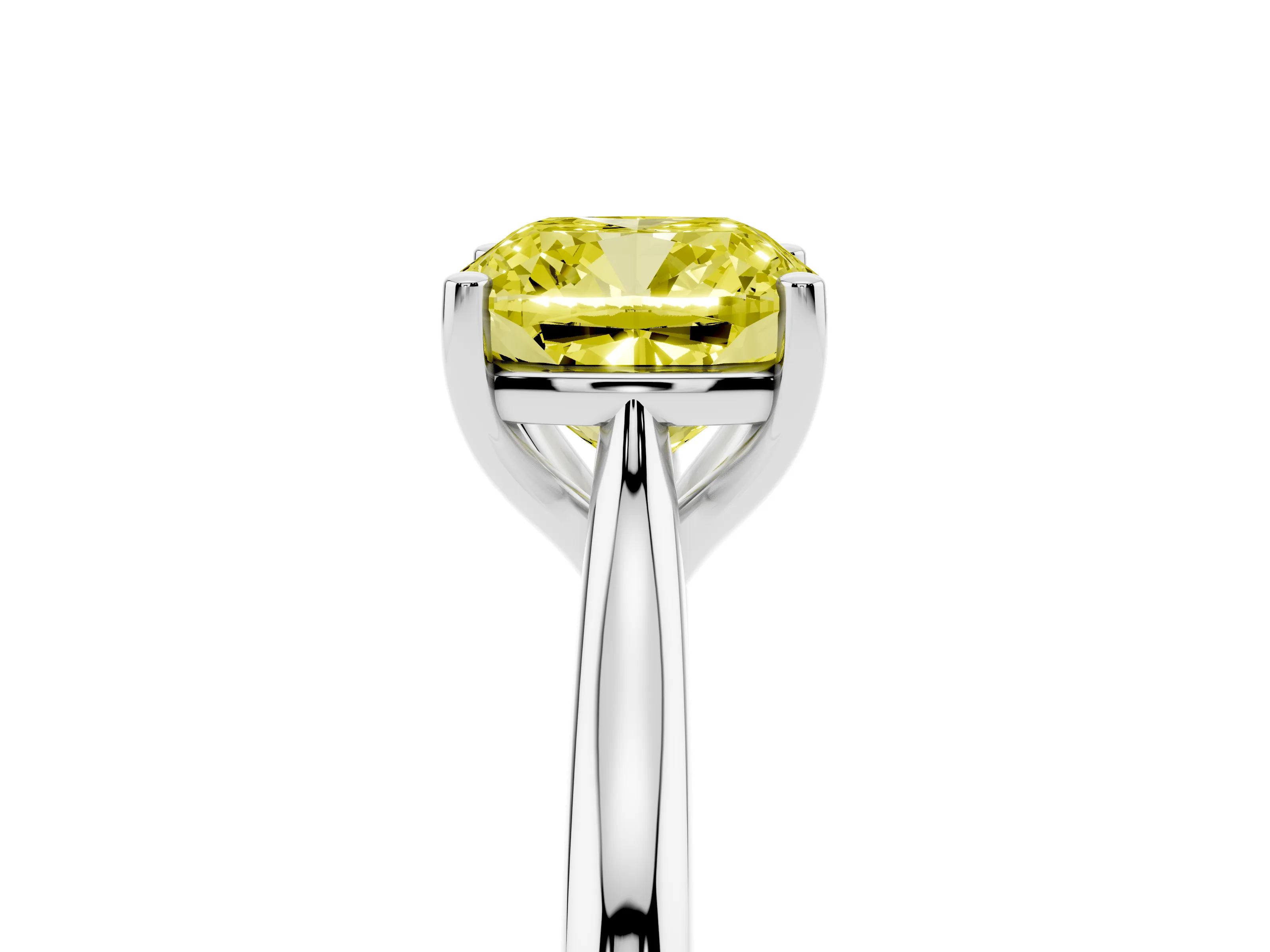 Fancy Yellow Cushion Cut Diamond Solitaire Ring Set in Platinum with Cathedral Band and Prong Setting