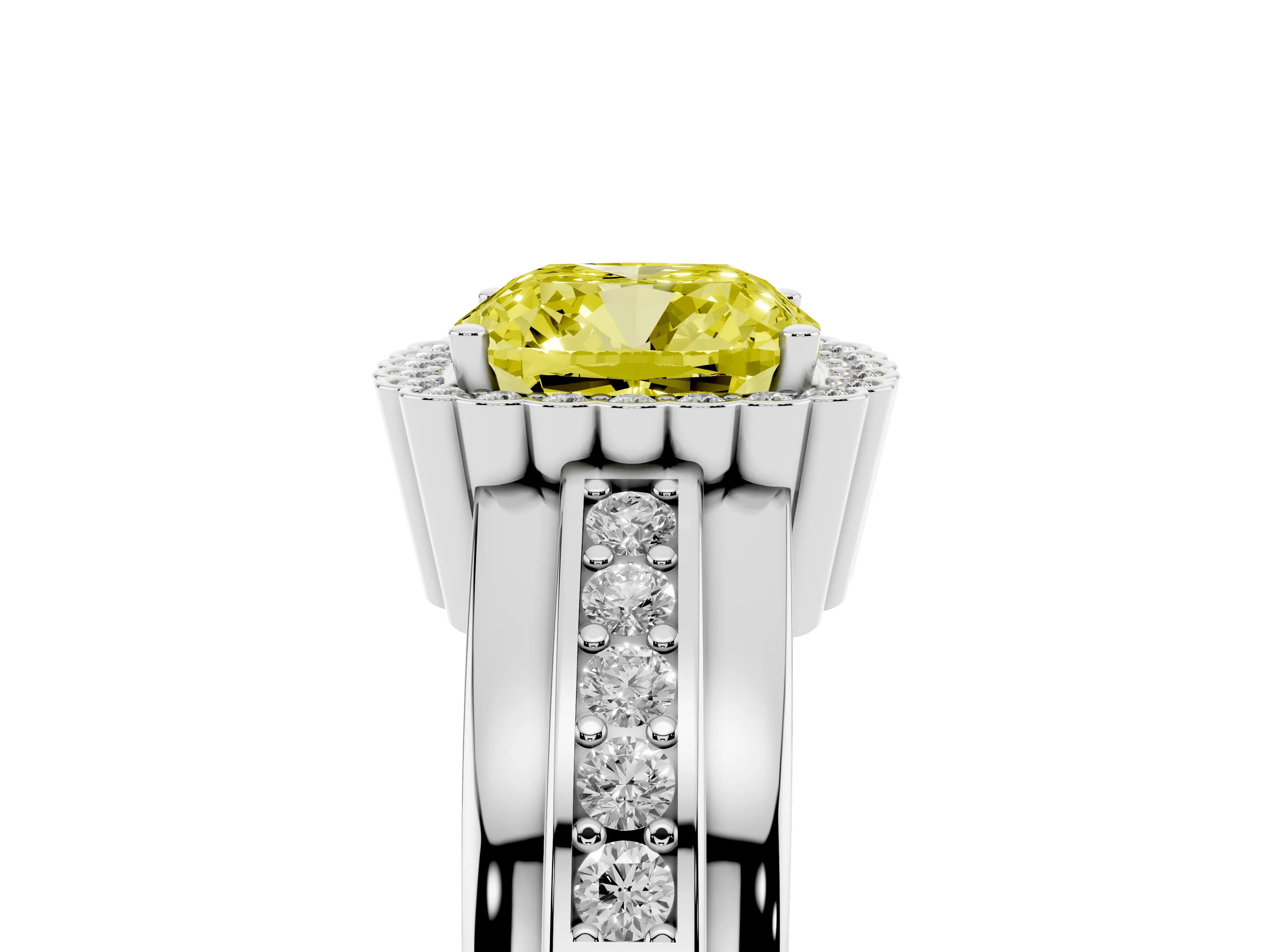 Fancy Yellow Cushion Cut Diamond Halo Prong Ring Set in White gold with Pavé Band