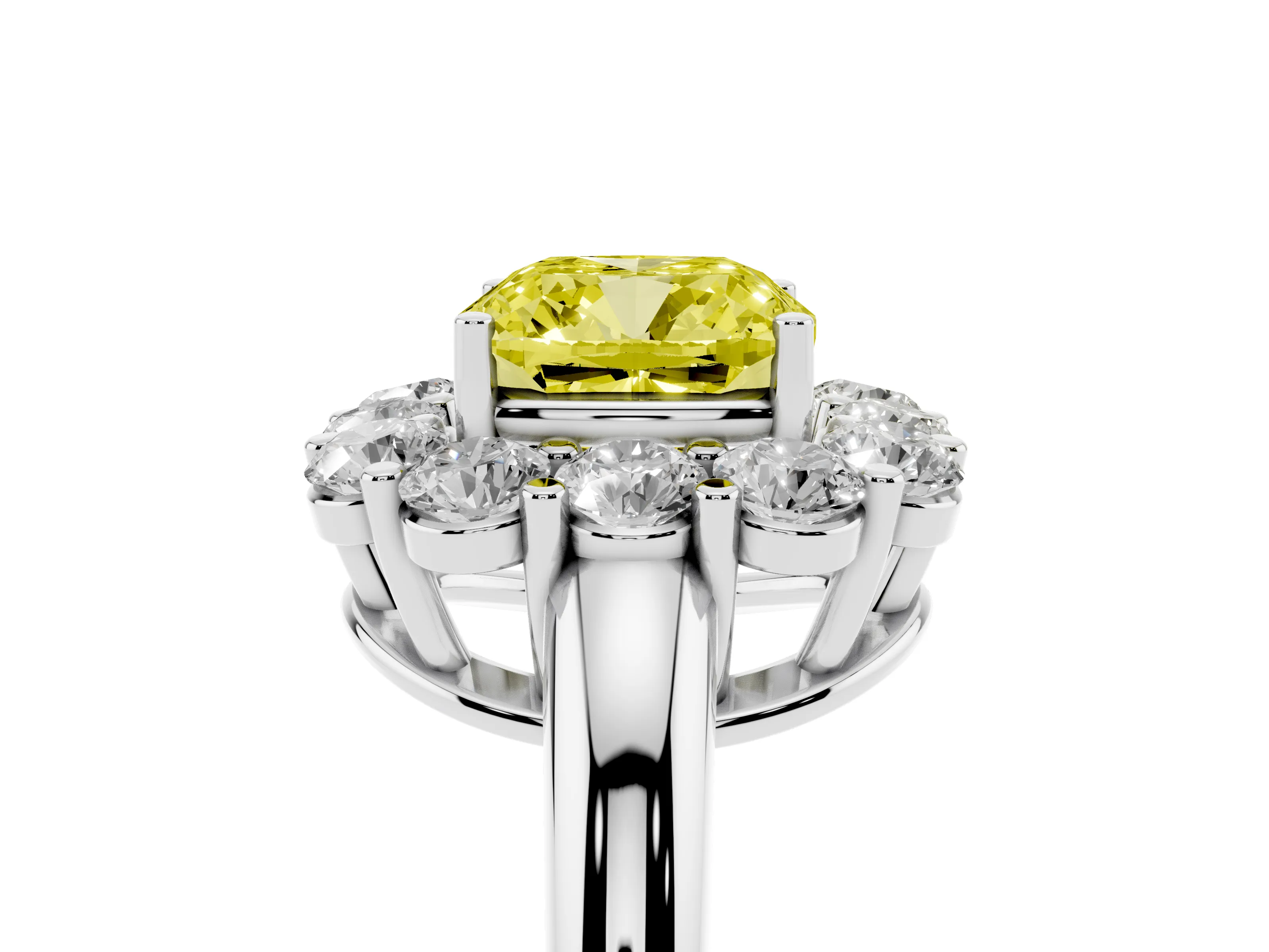 Fancy Yellow Cushion Cut Diamond Halo Cluster Engagement Ring Set in Platinum with Polished Band and Prong Setting