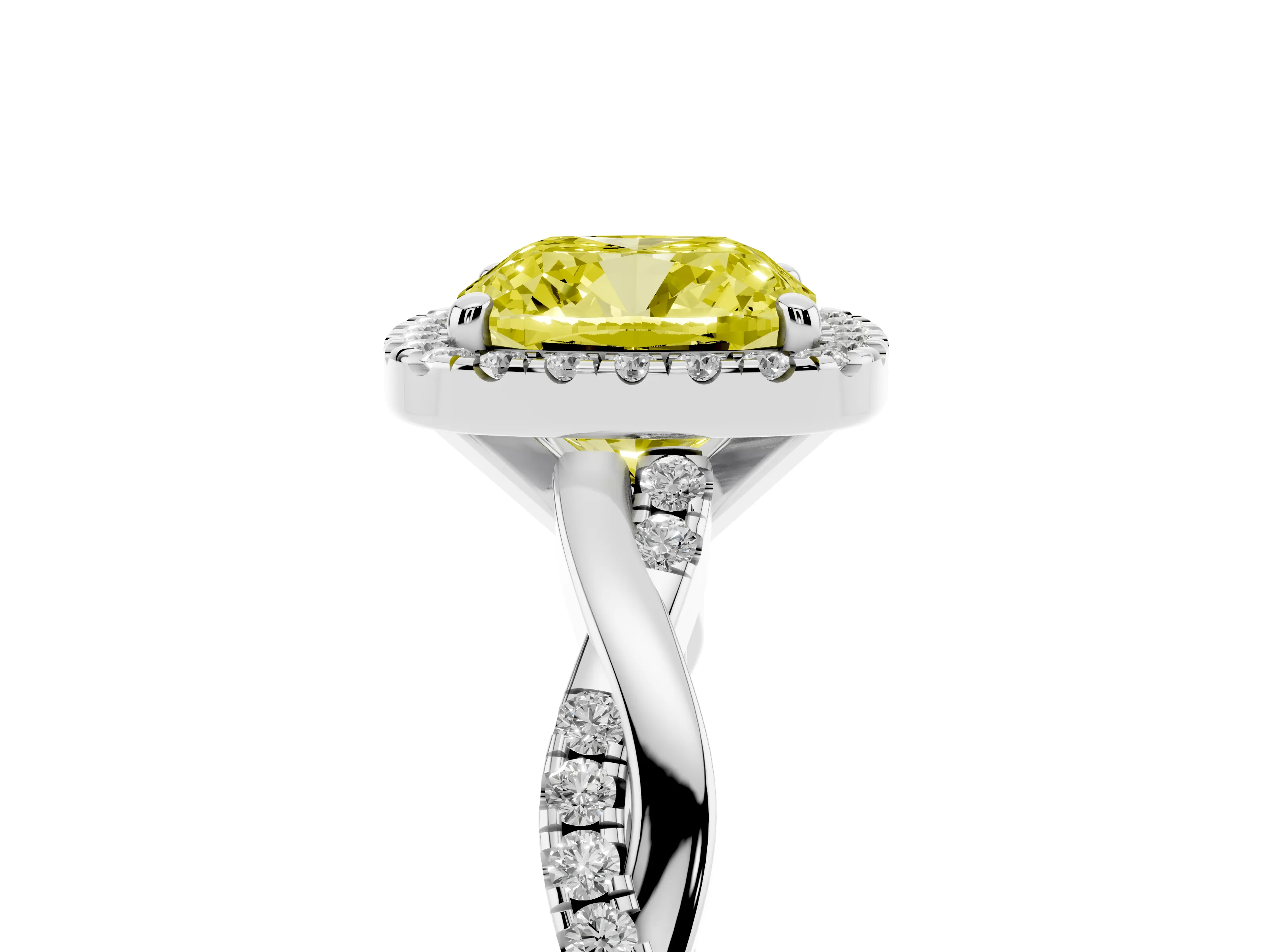 Fancy Yellow Cushion Cut Diamond Halo Twisted Band Ring Set in Silver with Prong Setting