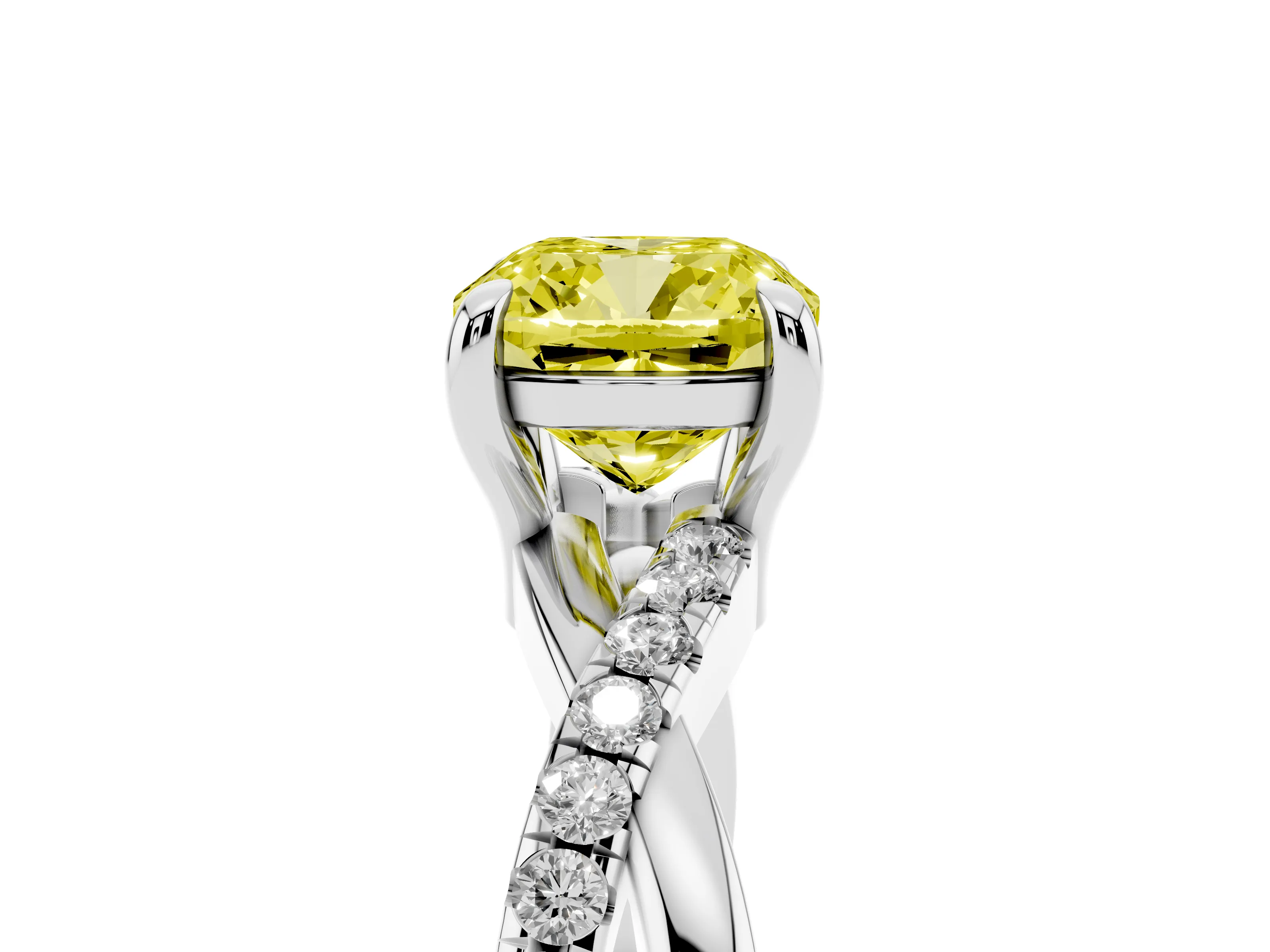 Fancy Yellow Cushion Cut Diamond Twist Band Pavé Solitaire Ring Set in Silver with Prong Setting